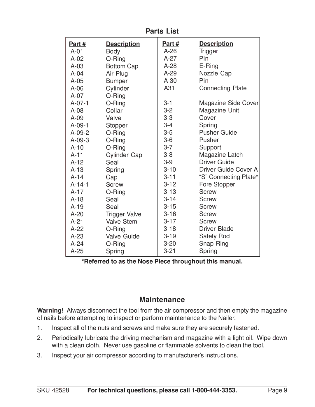 Harbor Freight Tools 42528 Parts List, Maintenance, Description, Referred to as the Nose Piece throughout this manual 