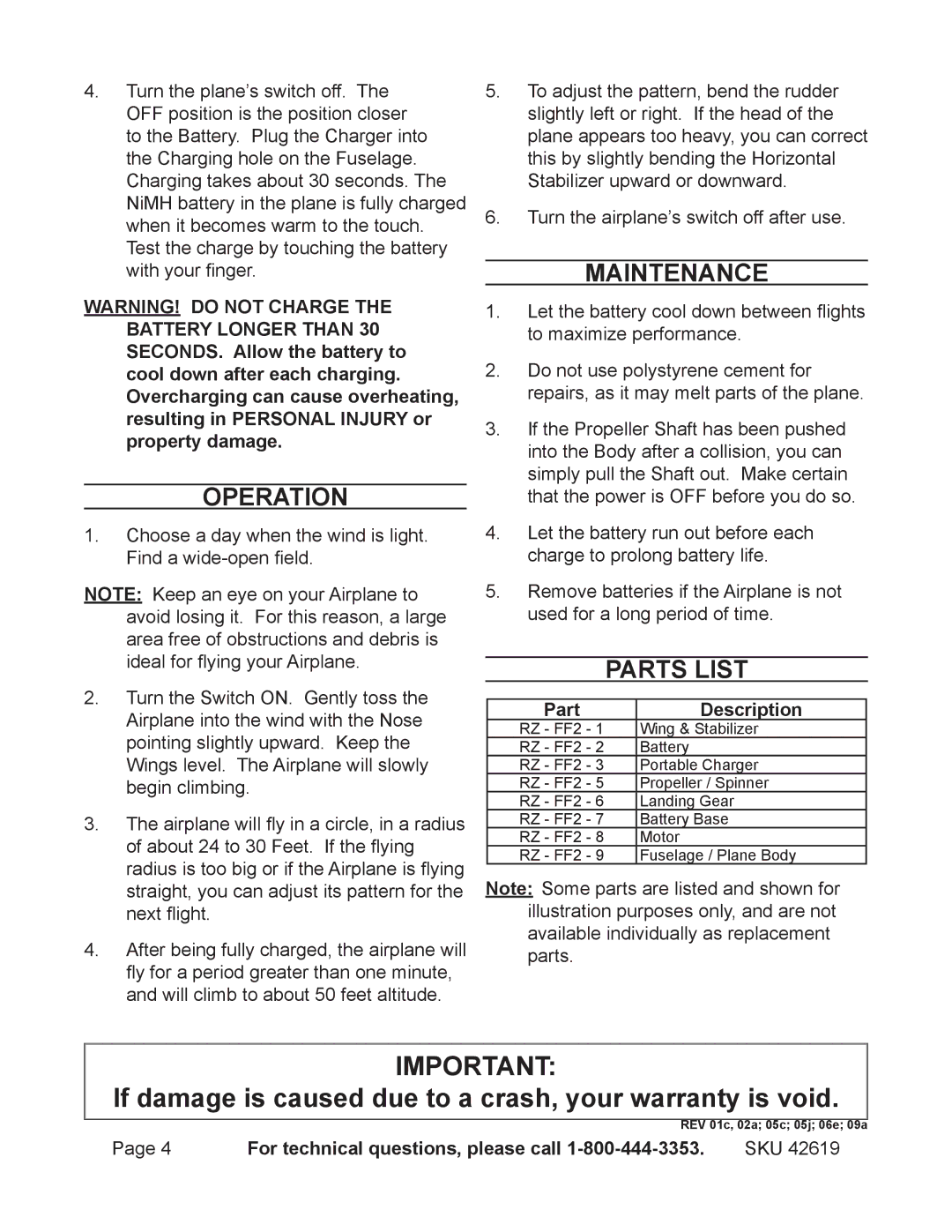 Harbor Freight Tools 42619 operating instructions Operation, Maintenance, Parts List 