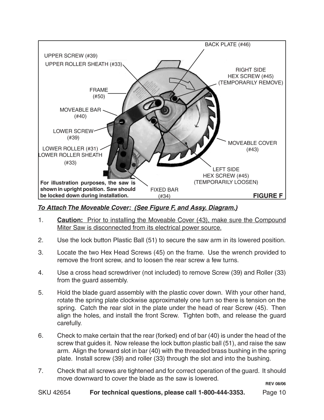 Harbor Freight Tools 42654 manual To Attach The Moveable Cover See Figure F, and Assy. Diagram 