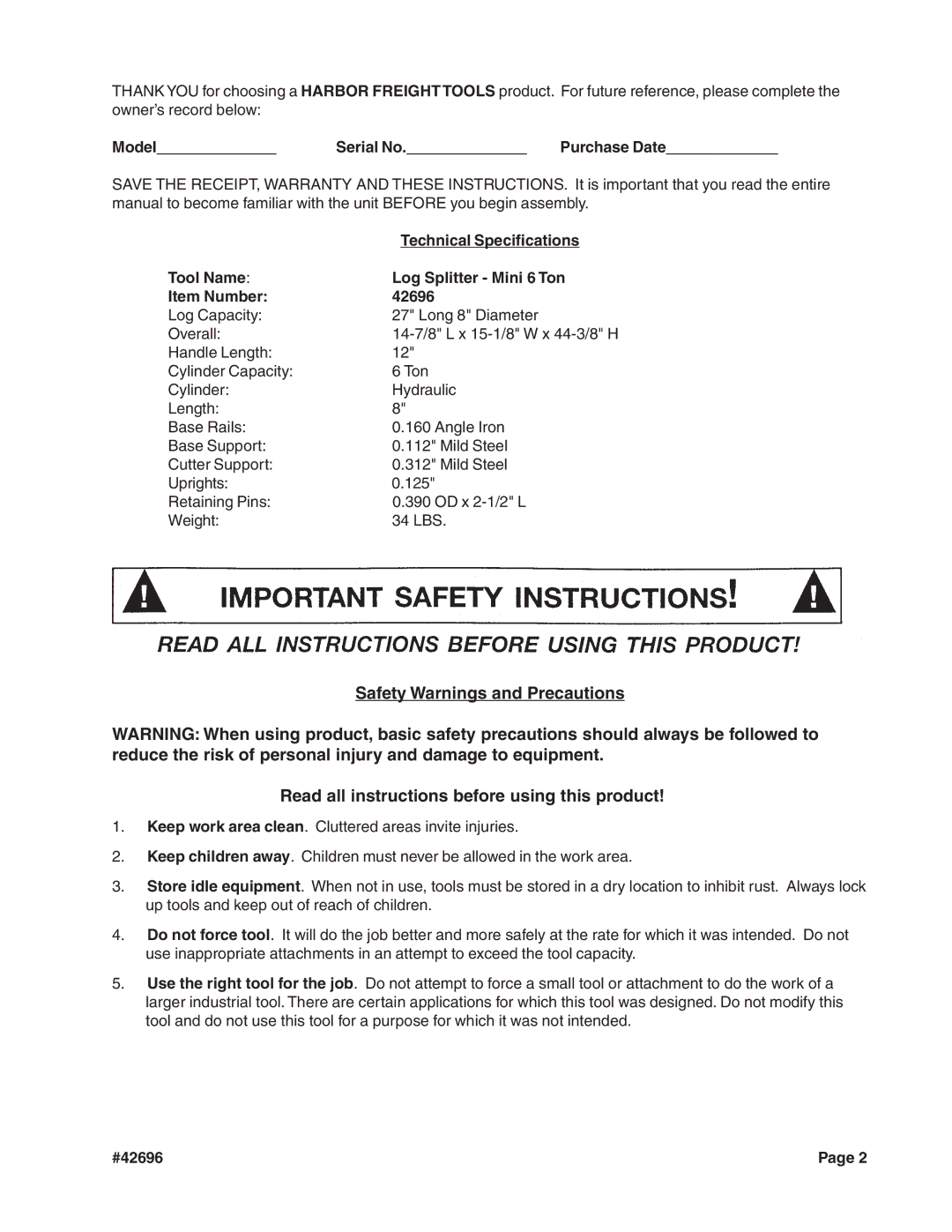 Harbor Freight Tools manual Model Serial No Purchase Date, Technical Specifications, #42696 