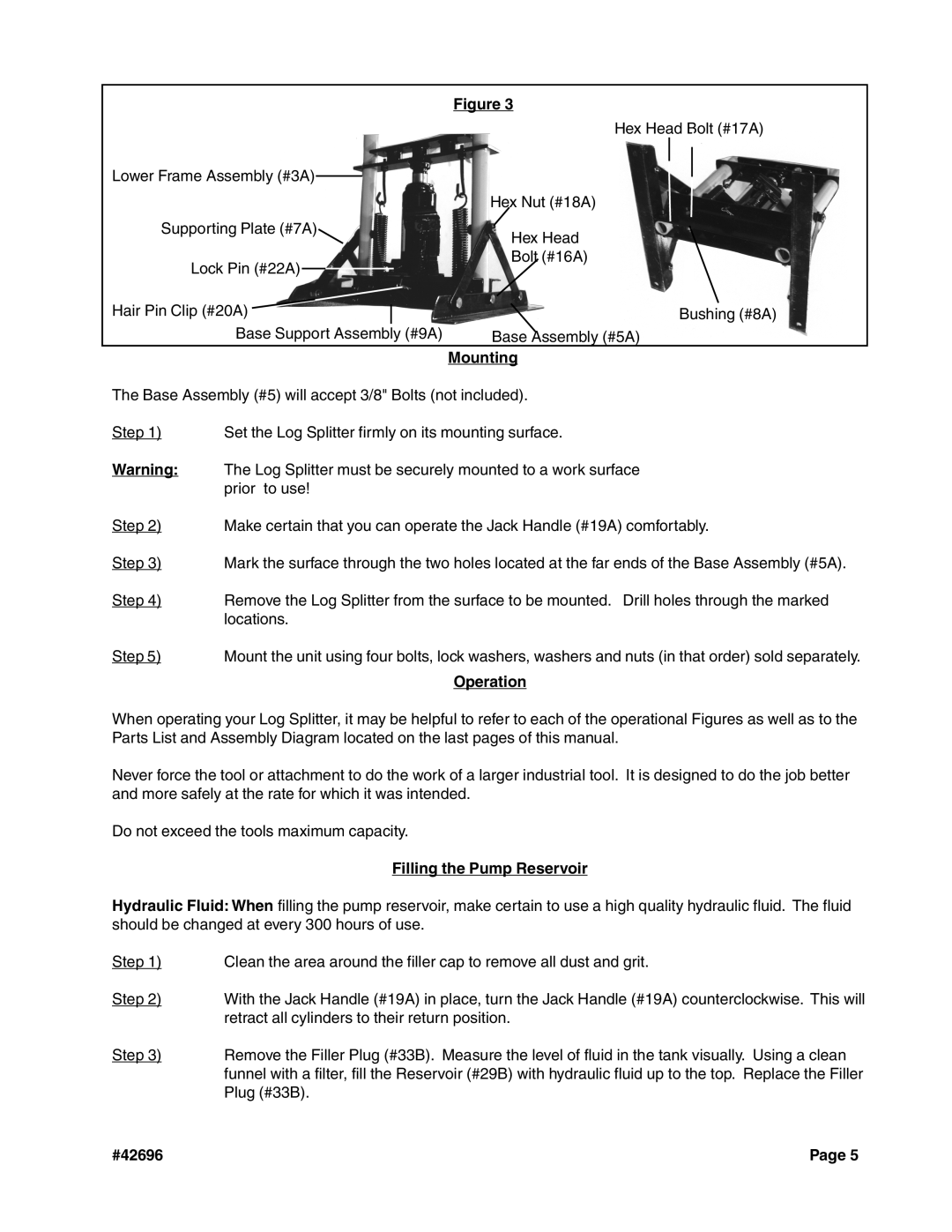 Harbor Freight Tools 42696 manual Mounting, Operation, Filling the Pump Reservoir 