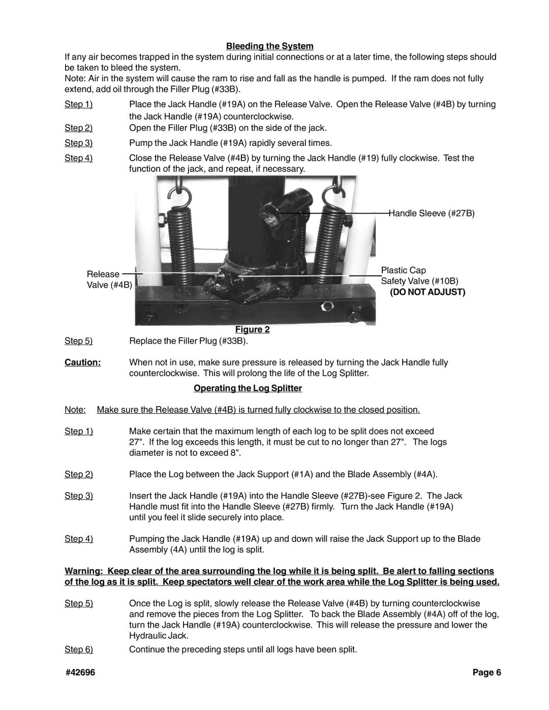 Harbor Freight Tools 42696 manual Bleeding the System, Operating the Log Splitter 