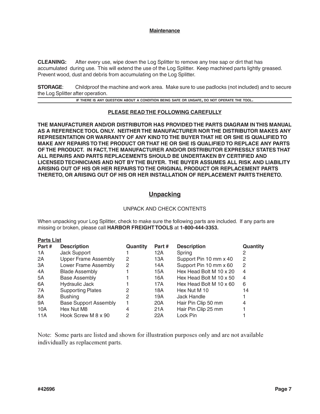 Harbor Freight Tools 42696 manual Maintenance, Parts List Description Quantity 