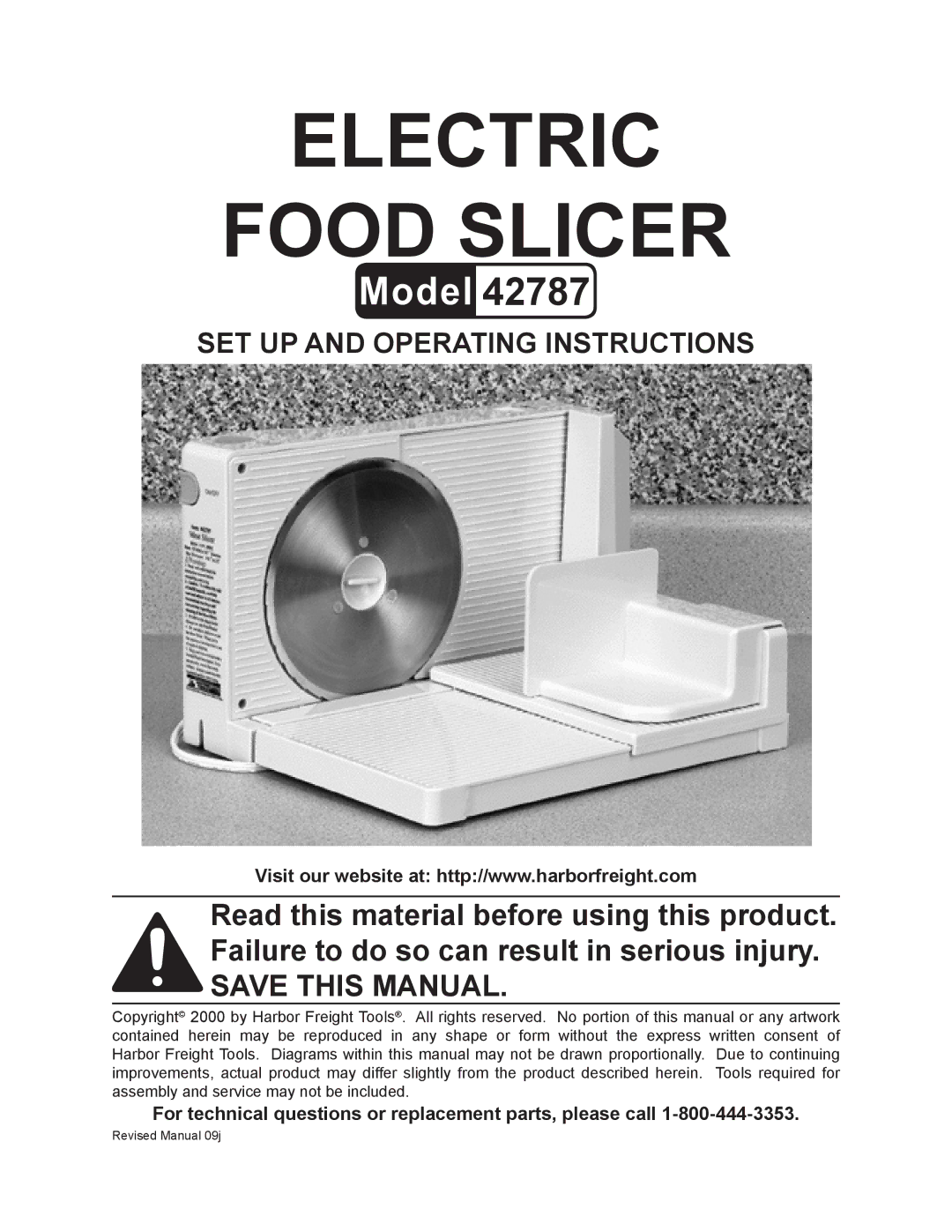 Harbor Freight Tools 42787 operating instructions Electric Food Slicer 