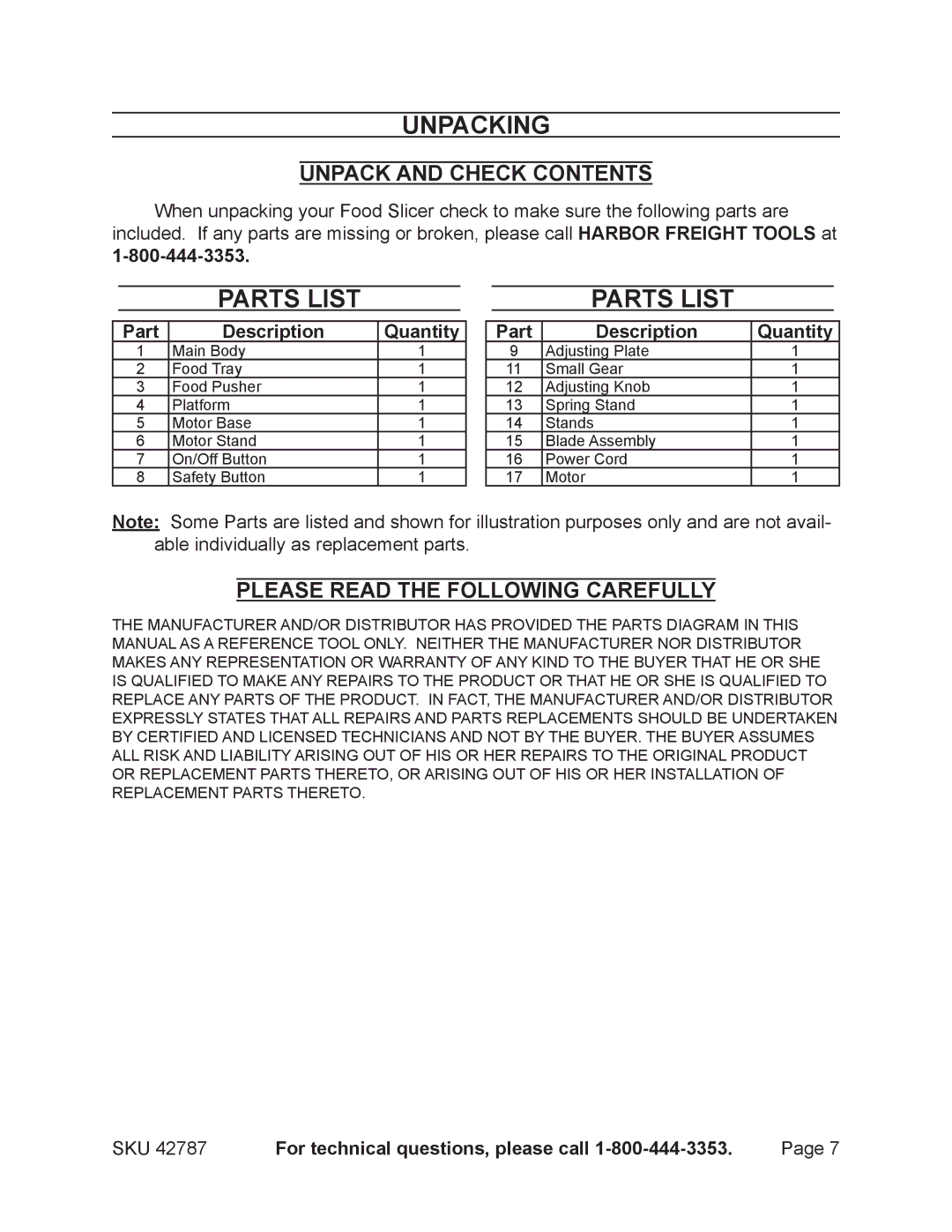 Harbor Freight Tools 42787 operating instructions Unpacking, Parts List 