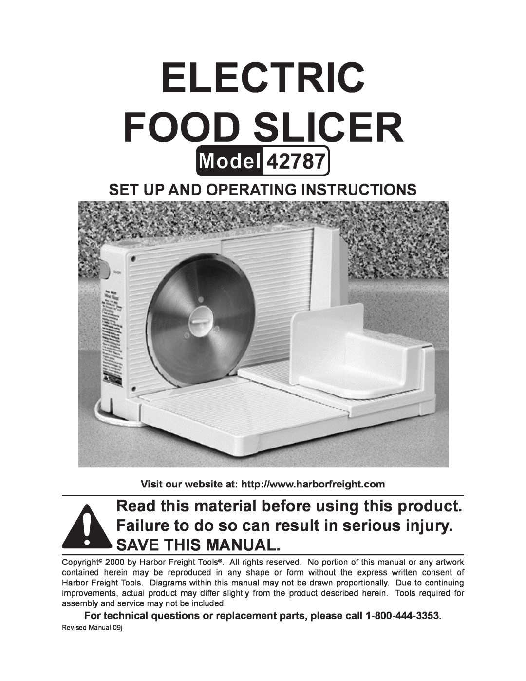 Harbor Freight Tools 42787 operating instructions Set up And Operating Instructions, Electric Food Slicer 