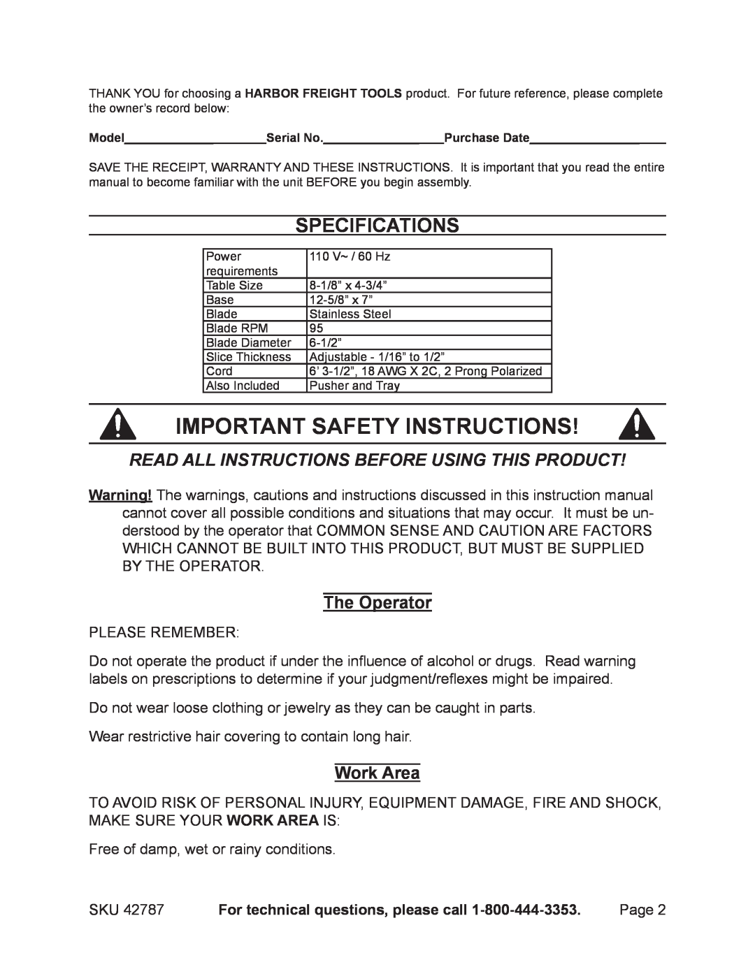 Harbor Freight Tools 42787 operating instructions Important safety instructions, Specifications, The Operator, Work Area 