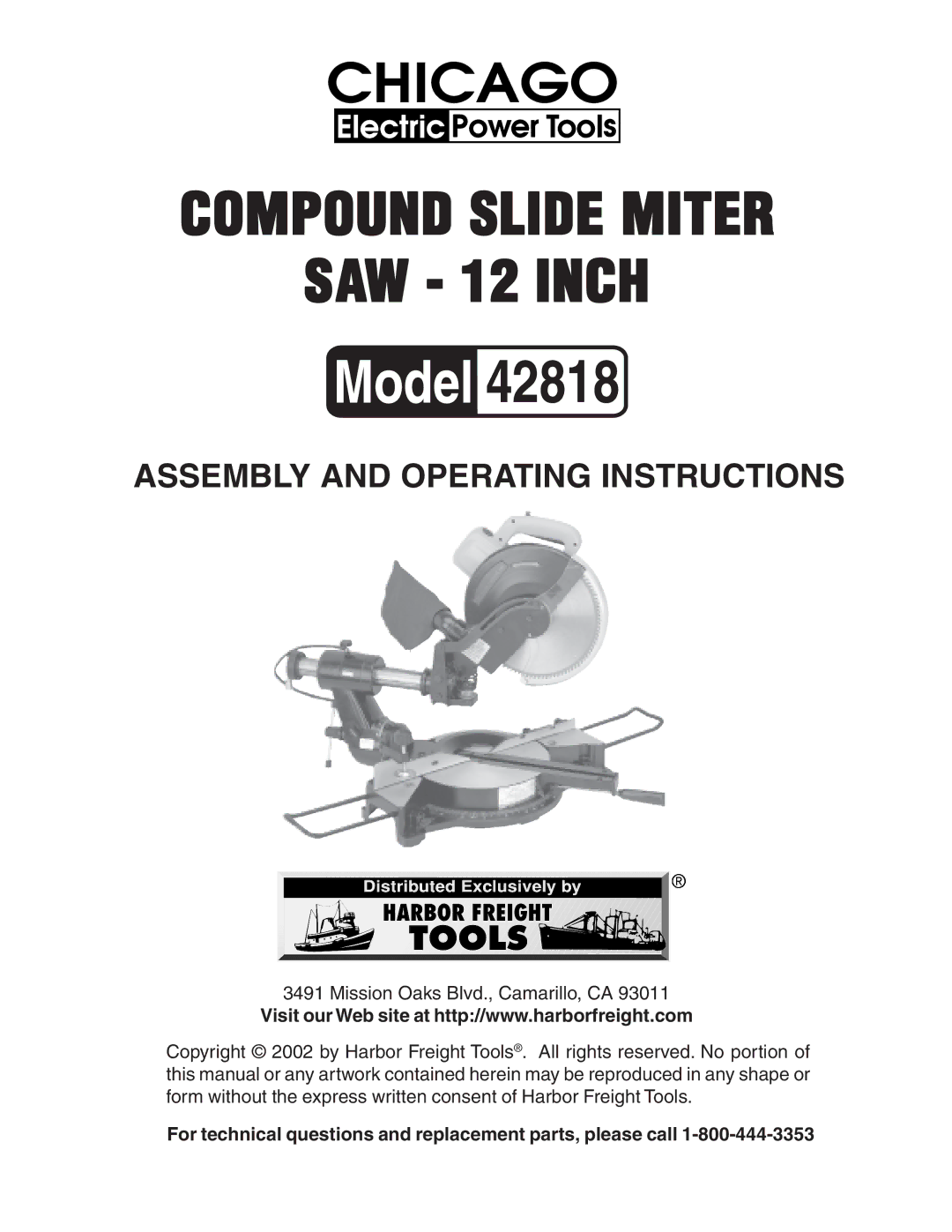 Harbor Freight Tools 42818 operating instructions For technical questions and replacement parts, please call 