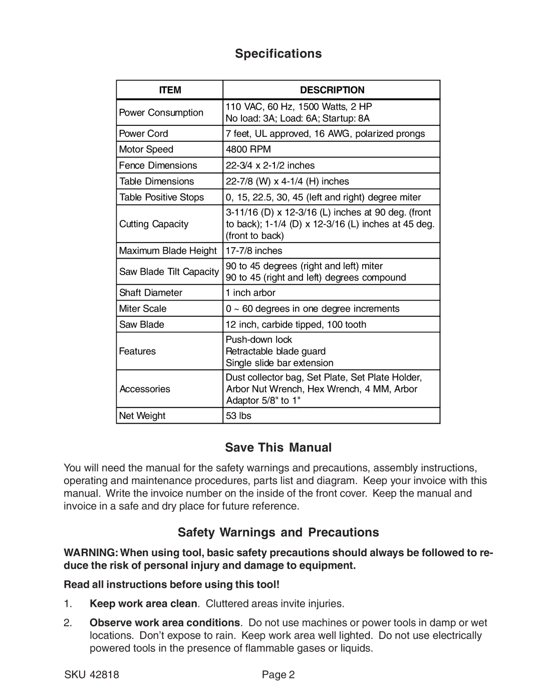 Harbor Freight Tools 42818 operating instructions Specifications, Save This Manual, Safety Warnings and Precautions 