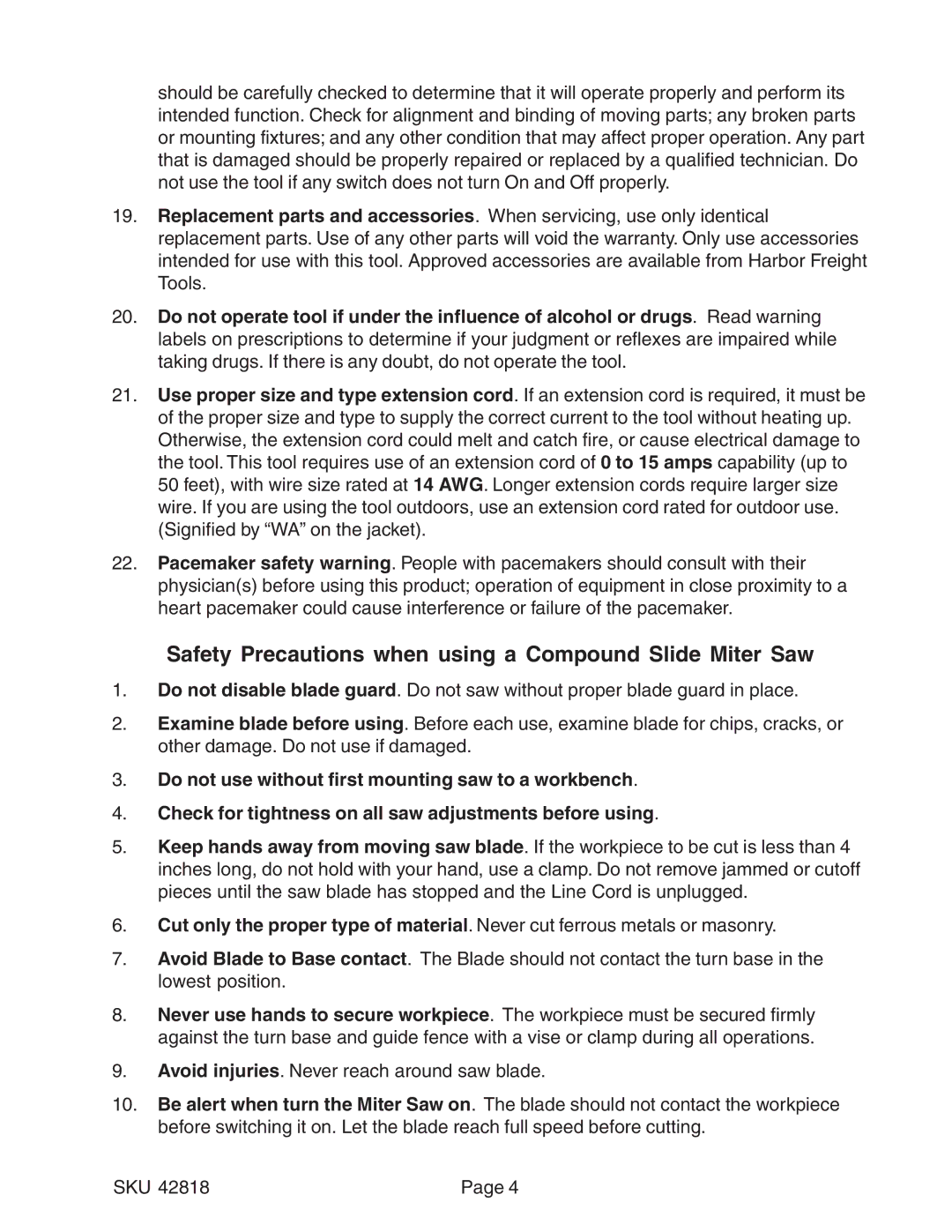 Harbor Freight Tools 42818 operating instructions Safety Precautions when using a Compound Slide Miter Saw 