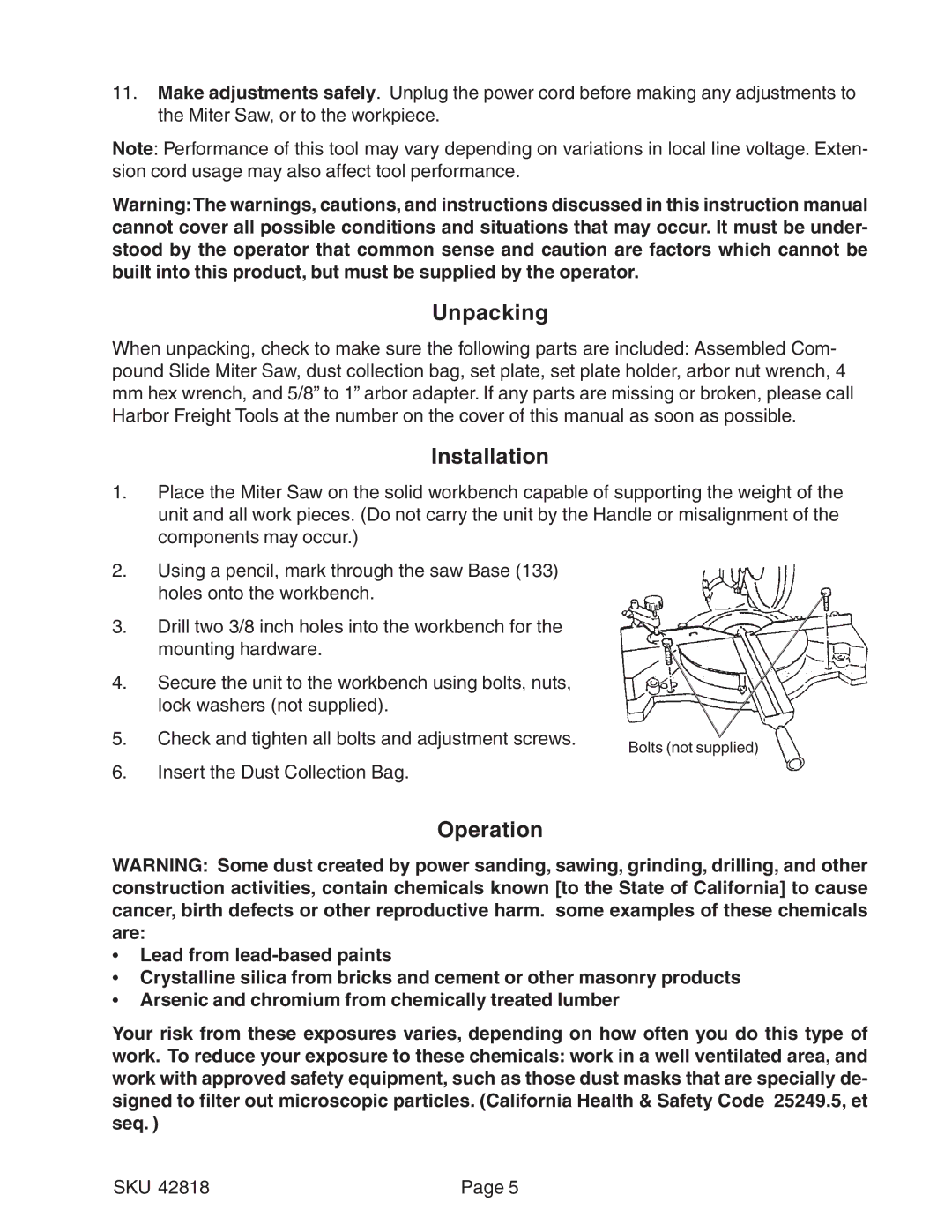 Harbor Freight Tools 42818 operating instructions Unpacking, Installation, Operation 