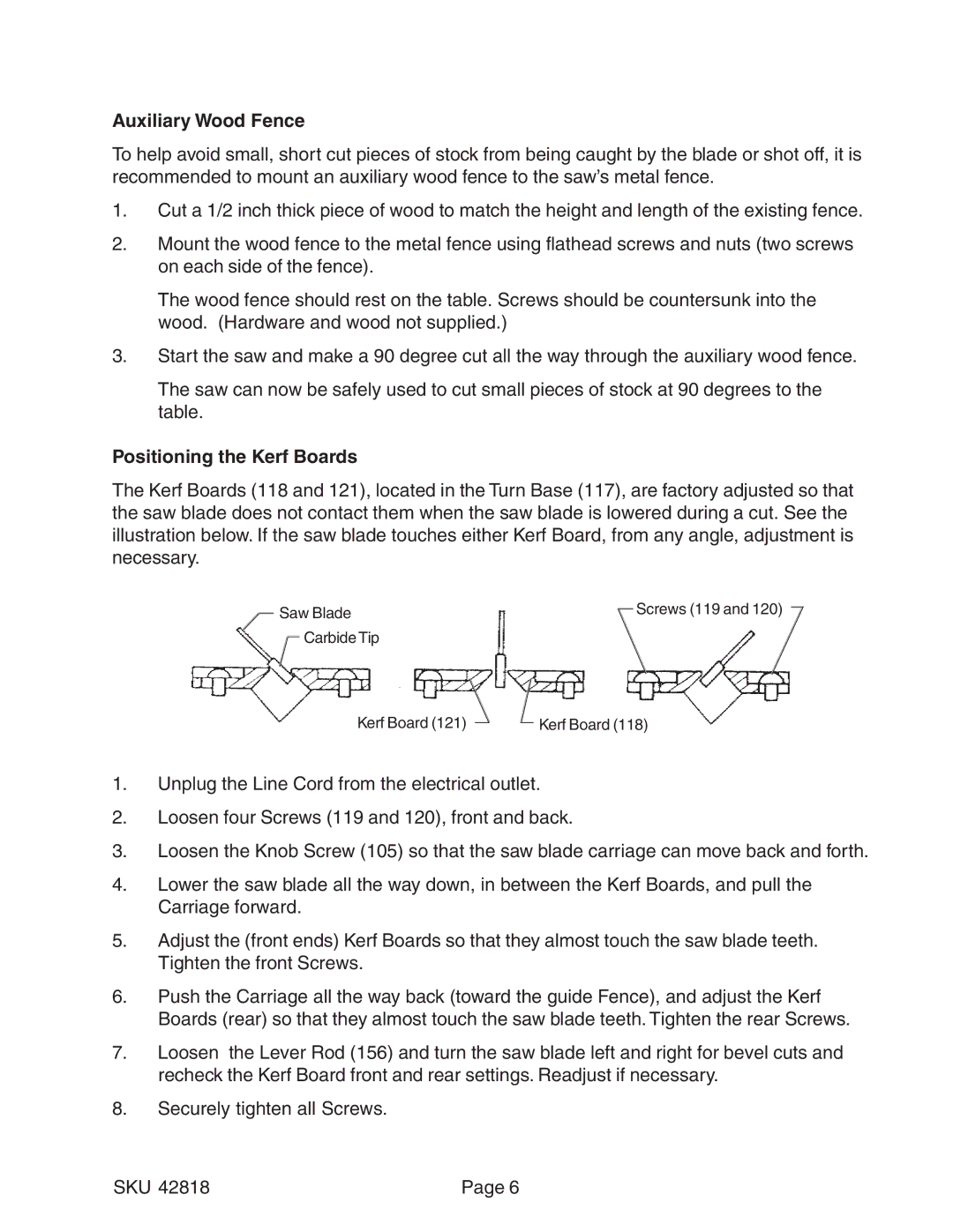 Harbor Freight Tools 42818 operating instructions Auxiliary Wood Fence, Positioning the Kerf Boards 