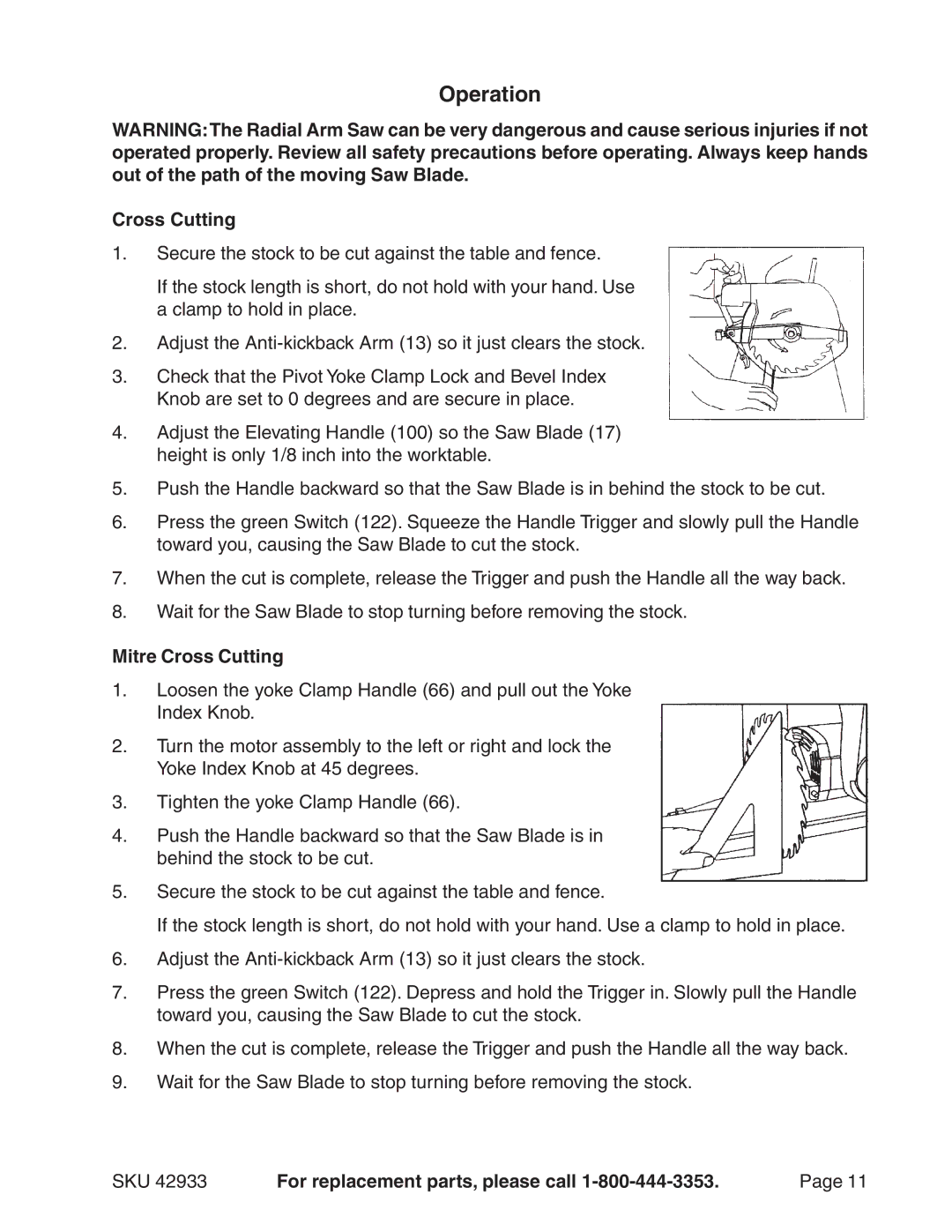 Harbor Freight Tools 42933 operating instructions Operation, Mitre Cross Cutting 