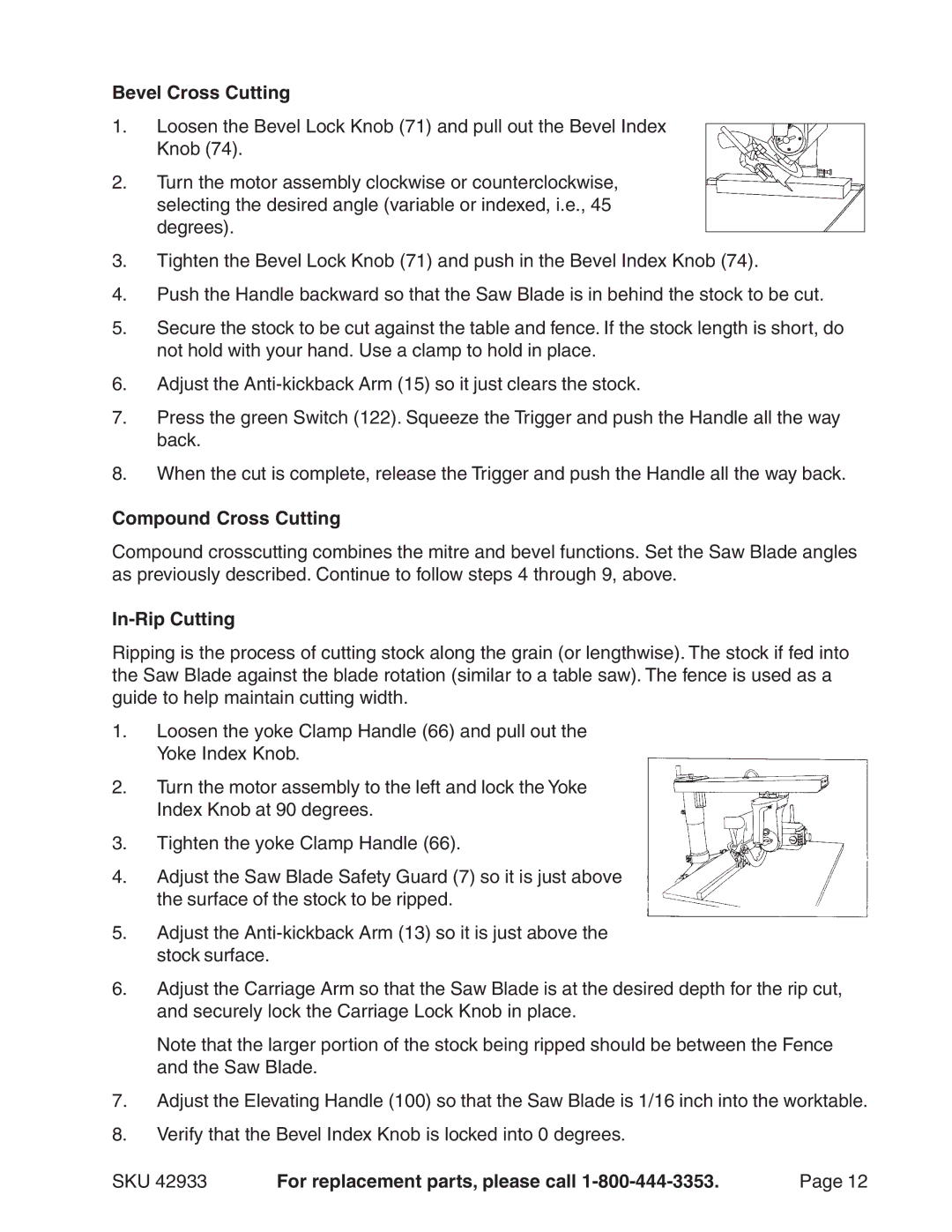 Harbor Freight Tools 42933 operating instructions Bevel Cross Cutting, Compound Cross Cutting, In-Rip Cutting 