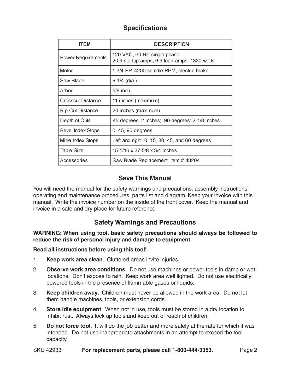 Harbor Freight Tools 42933 operating instructions Specifications, Save This Manual, Safety Warnings and Precautions 