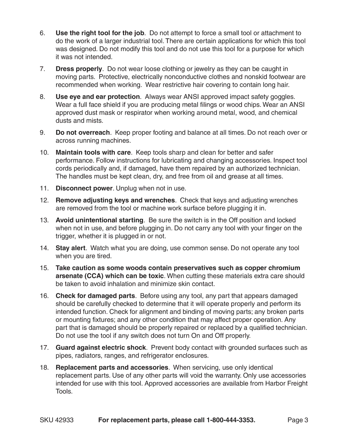 Harbor Freight Tools 42933 operating instructions SKU For replacement parts, please call 