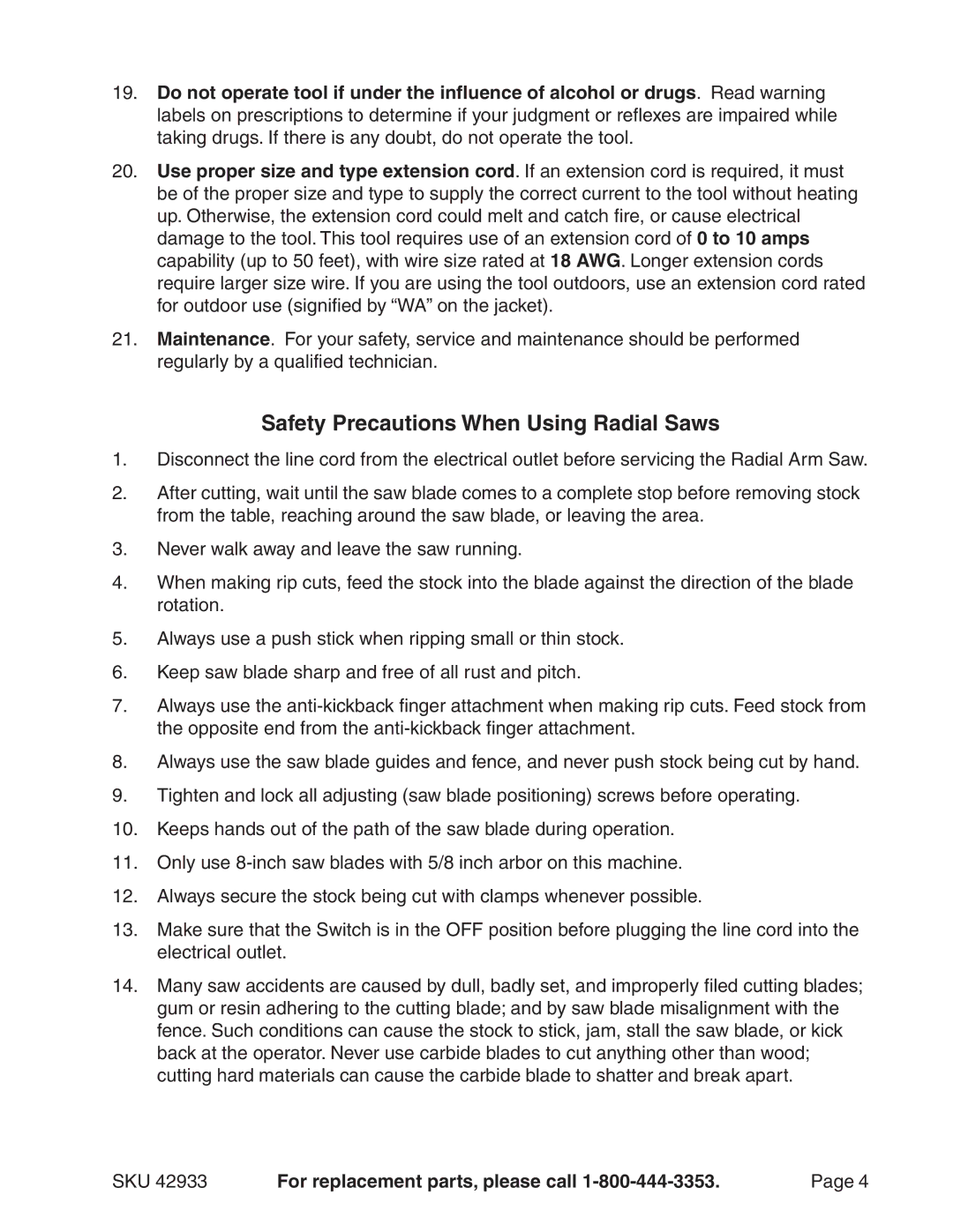 Harbor Freight Tools 42933 operating instructions Safety Precautions When Using Radial Saws 