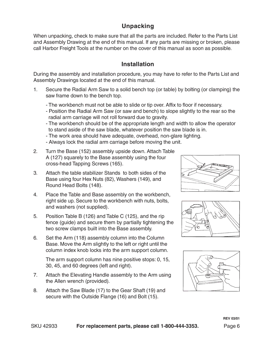 Harbor Freight Tools 42933 operating instructions Unpacking, Installation 