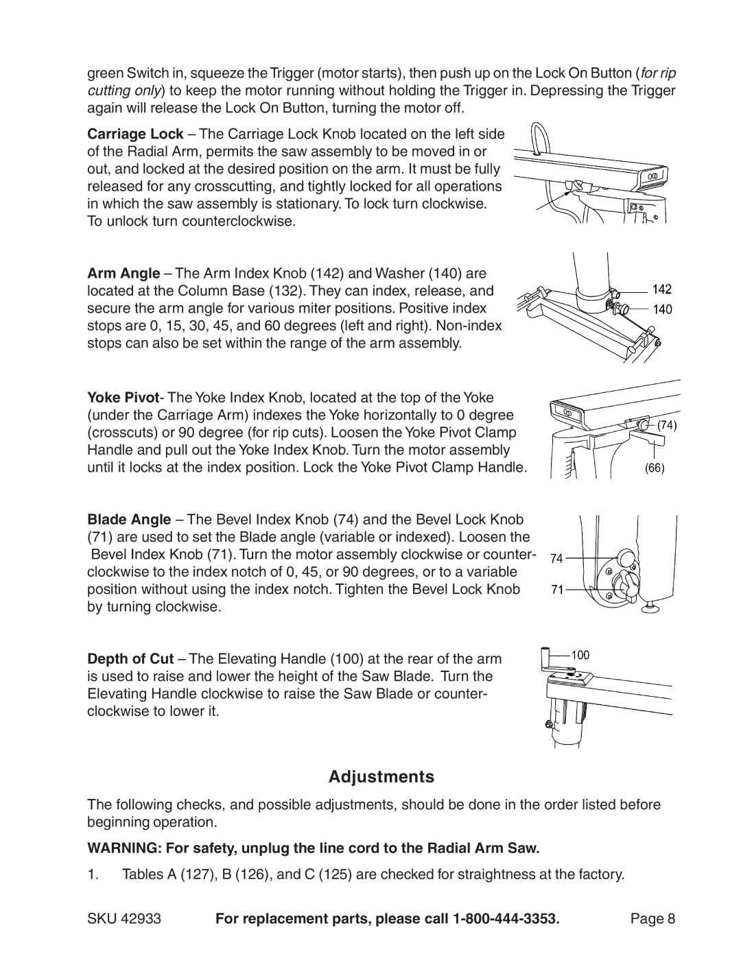 Harbor Freight Tools 42933 operating instructions Adjustments 