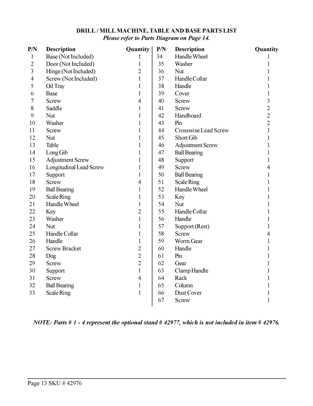 Harbor Freight Tools 42976 Drill / Mill MACHINE, Table and Base Parts List, Please refer to Parts Diagram on 