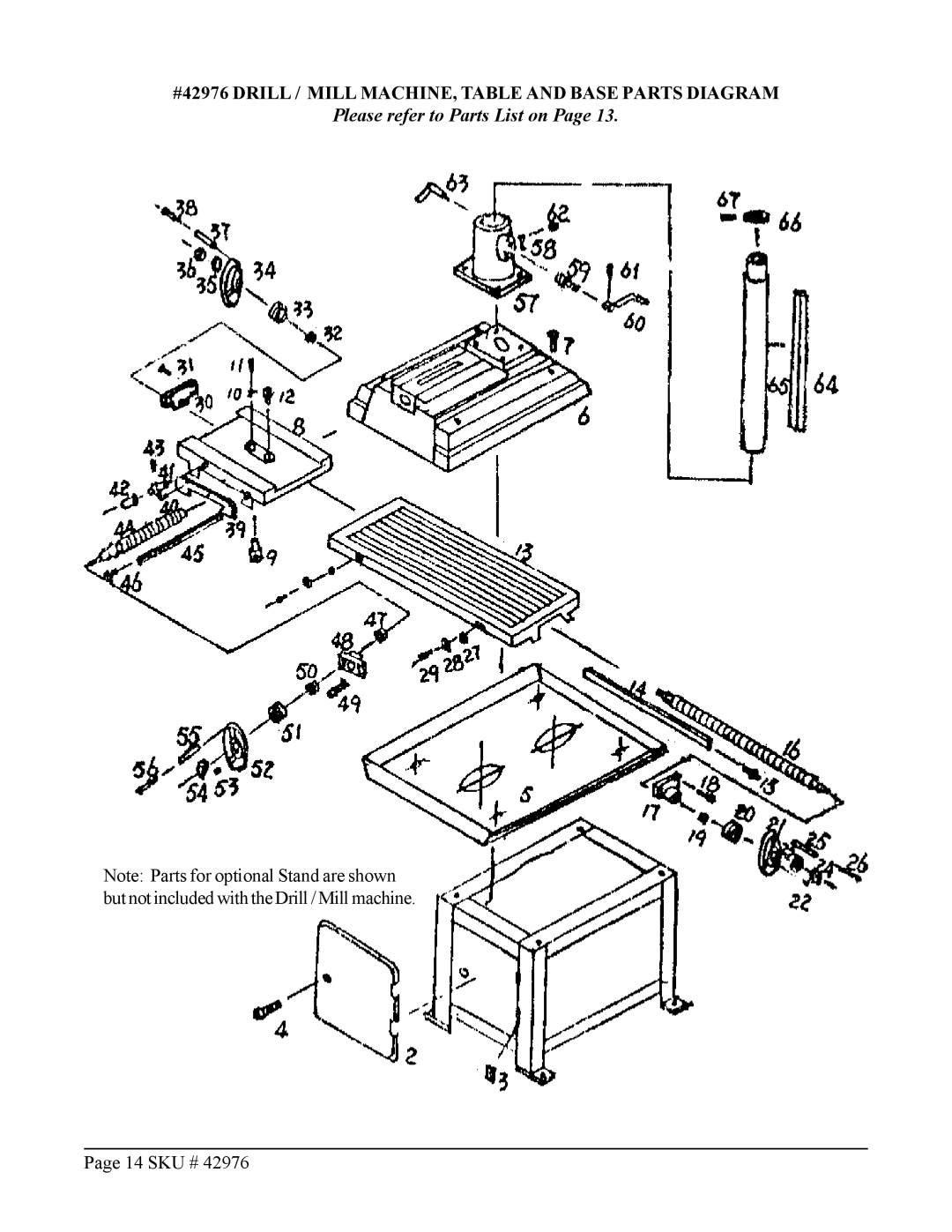 Harbor Freight Tools #42976 Drill / Mill MACHINE, Table and Base Parts Diagram, Please refer to Parts List on 