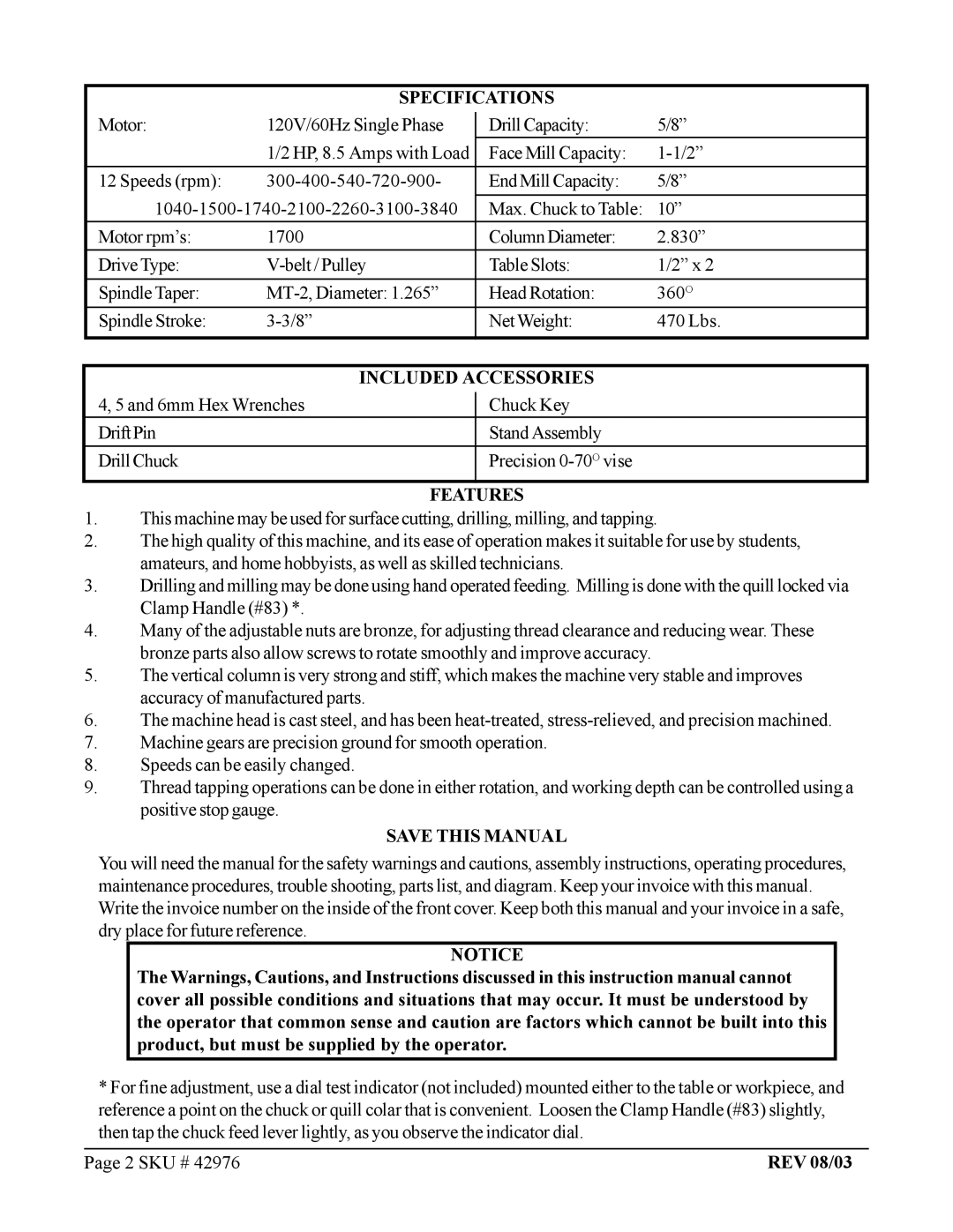 Harbor Freight Tools 42976 operating instructions Specifications, Included Accessories, Save this Manual 