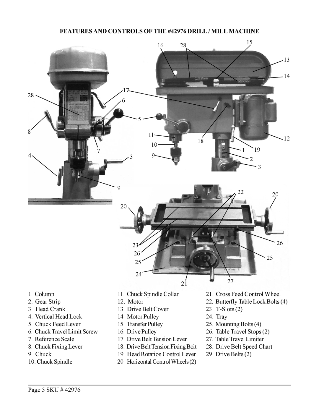 Harbor Freight Tools operating instructions Features and Controls of the #42976 Drill / Mill Machine 