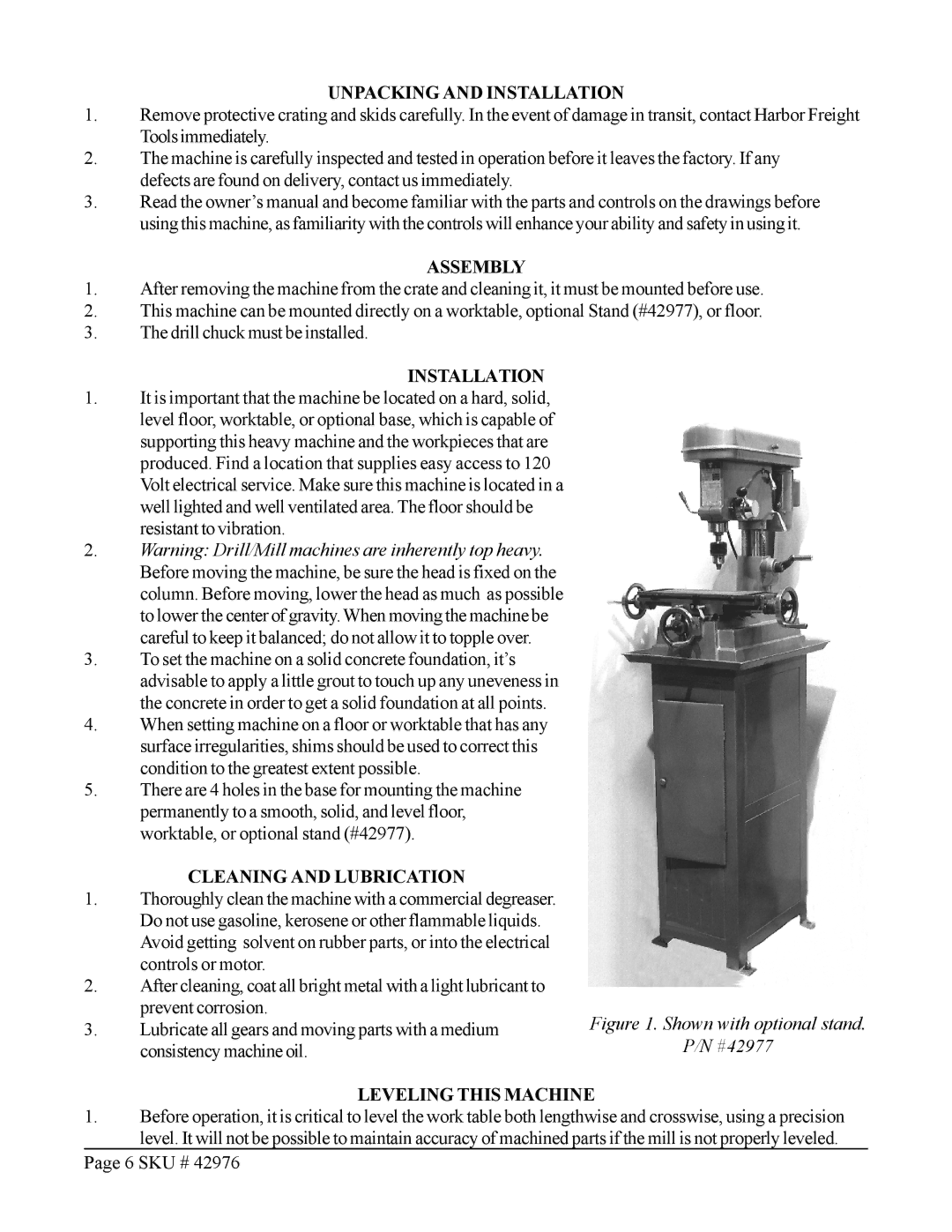 Harbor Freight Tools 42976 Unpacking and Installation, Assembly, Cleaning and Lubrication, Leveling this Machine 