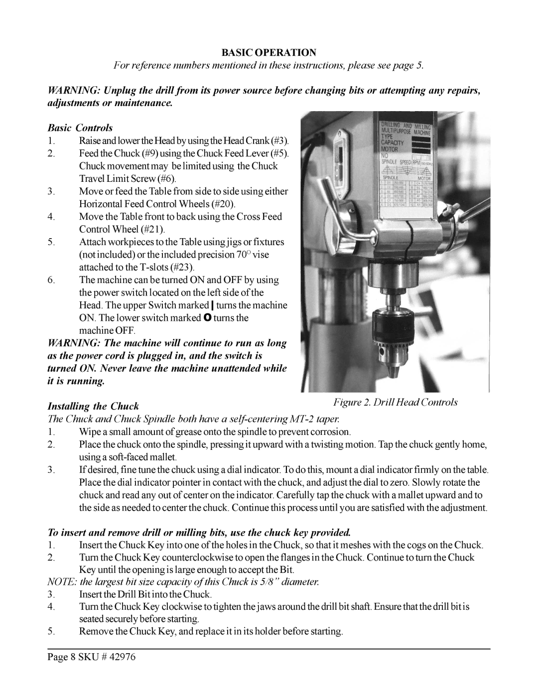 Harbor Freight Tools 42976 operating instructions Basic Operation, Basic Controls, Installing the Chuck 