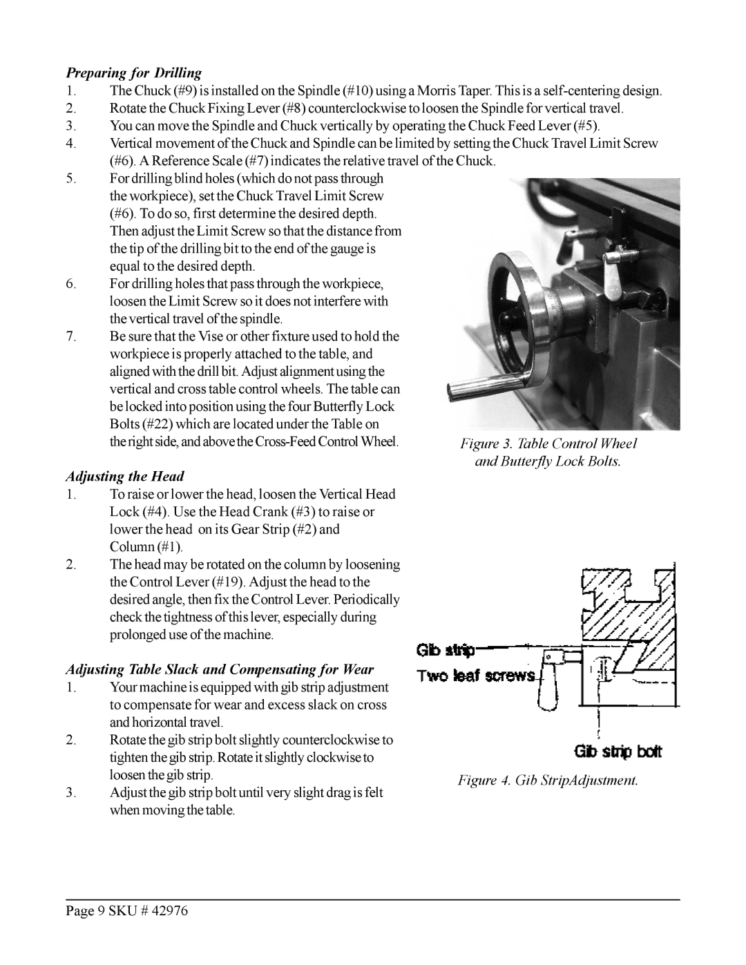 Harbor Freight Tools 42976 Preparing for Drilling, Adjusting the Head, Adjusting Table Slack and Compensating for Wear 