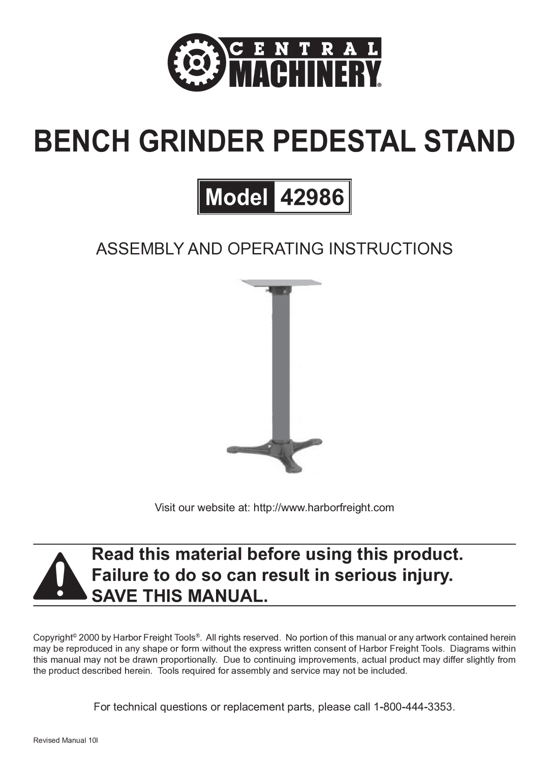 Harbor Freight Tools 42986 operating instructions Bench Grinder Pedestal Stand 