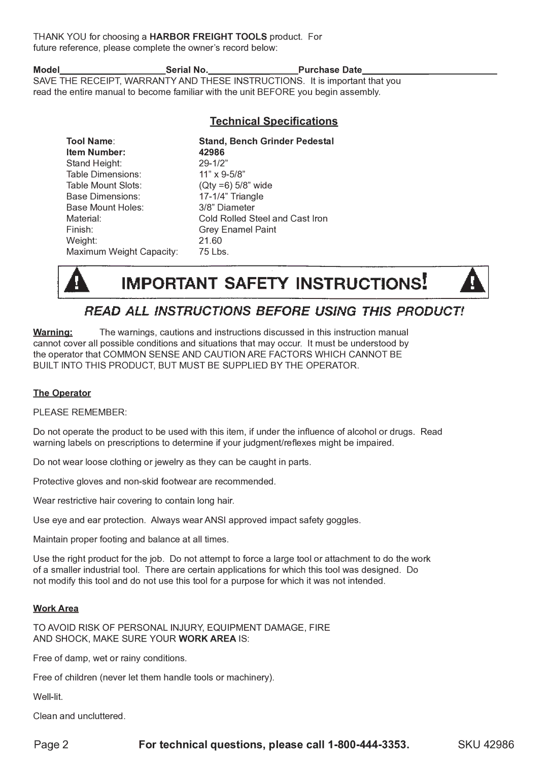 Harbor Freight Tools 42986 operating instructions Technical Specifications, For technical questions, please call, Sku 