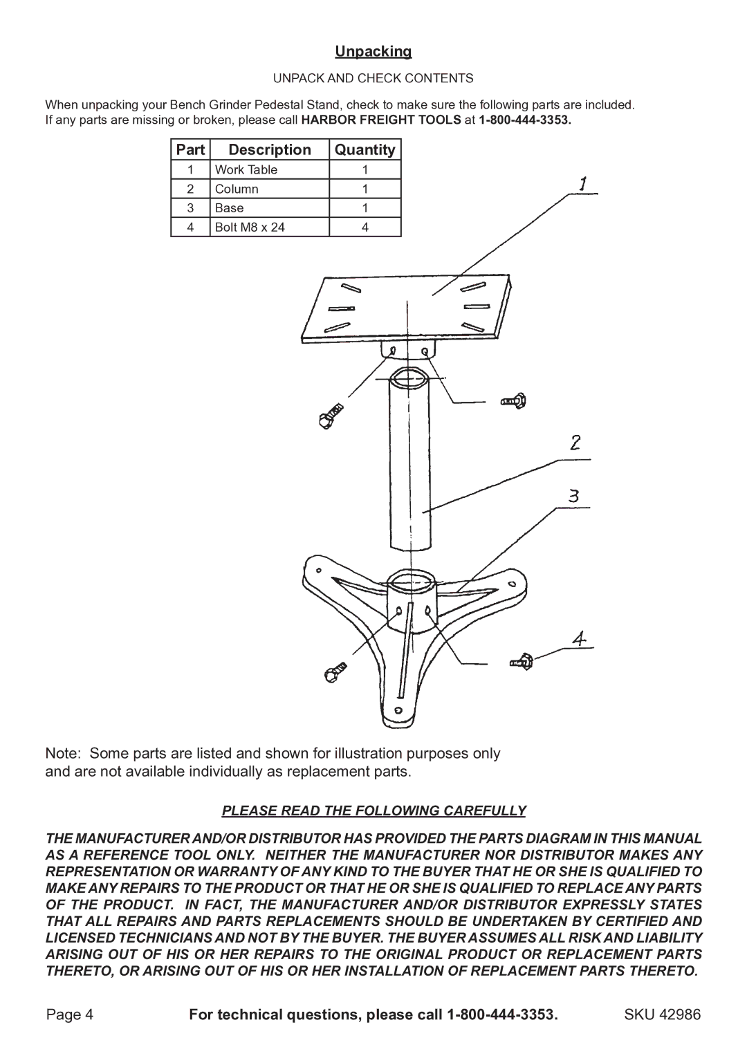 Harbor Freight Tools 42986 operating instructions Unpacking, Part Description Quantity, Unpack and Check Contents 