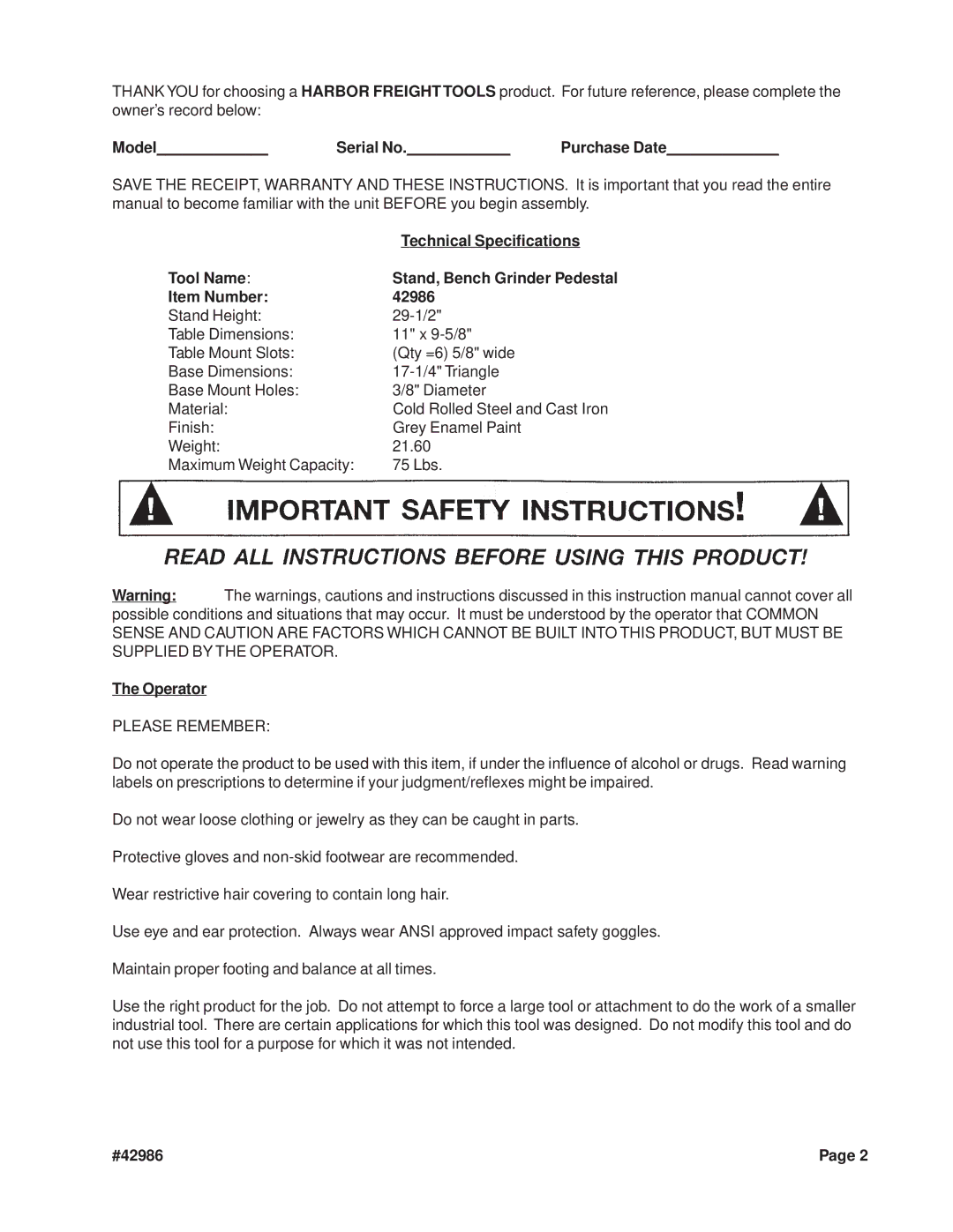 Harbor Freight Tools Model Serial No Purchase Date, Technical Specifications, Tool Name, Item Number 42986, Operator 