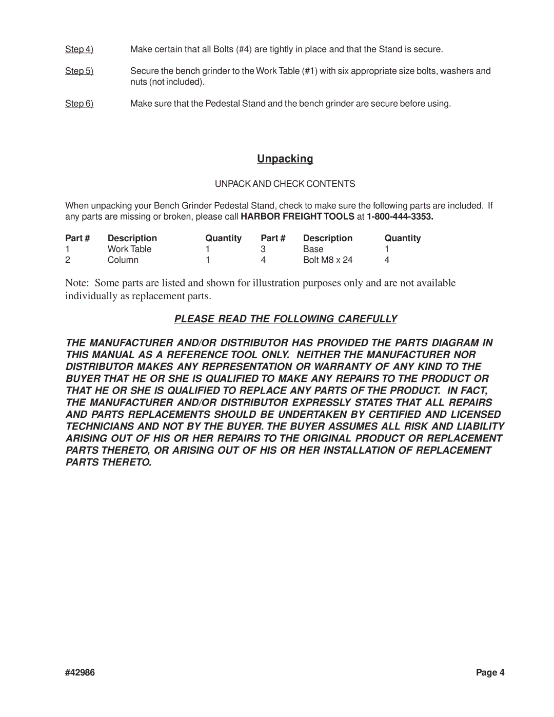 Harbor Freight Tools 42986 operating instructions Unpack and Check Contents, Description Quantity 