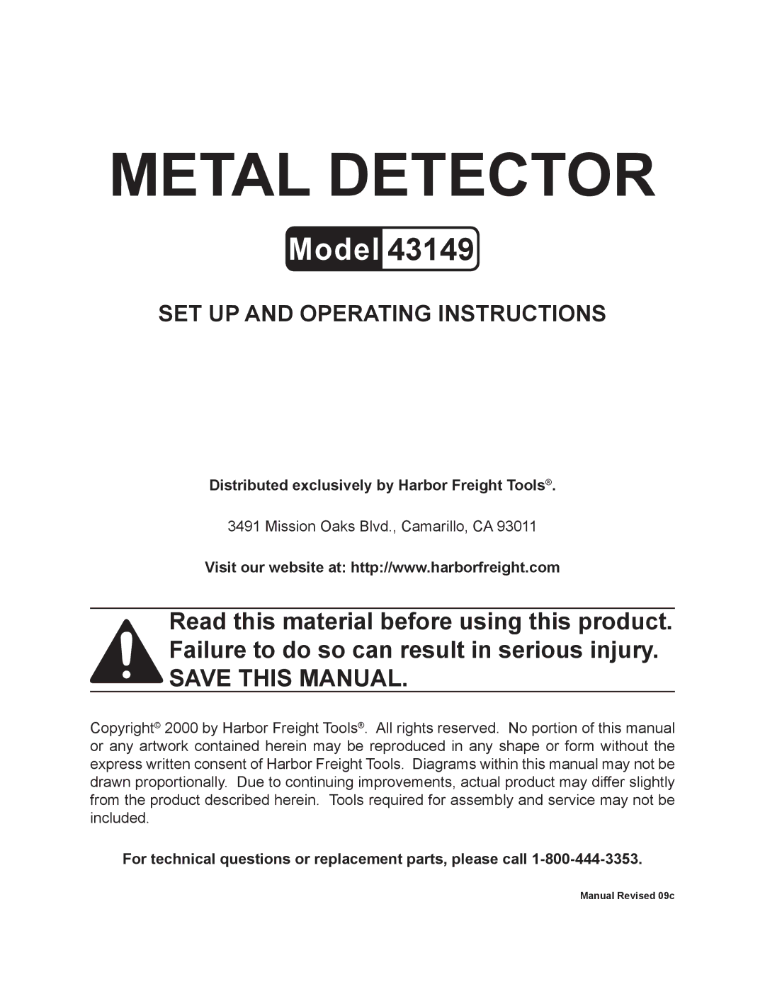 Harbor Freight Tools 43149 operating instructions Distributed exclusively by Harbor Freight Tools 