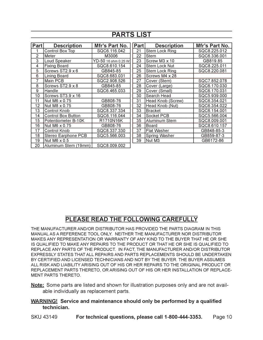 Harbor Freight Tools 43149 operating instructions Parts List, Part Description Mfr’s Part No 