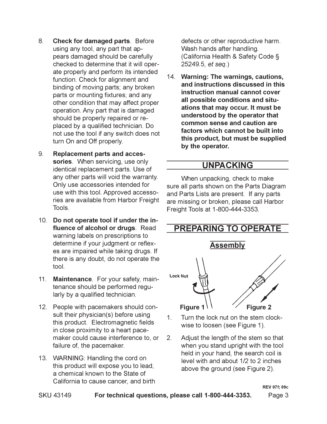 Harbor Freight Tools 43149 operating instructions Unpacking, Preparing to Operate, Assembly 