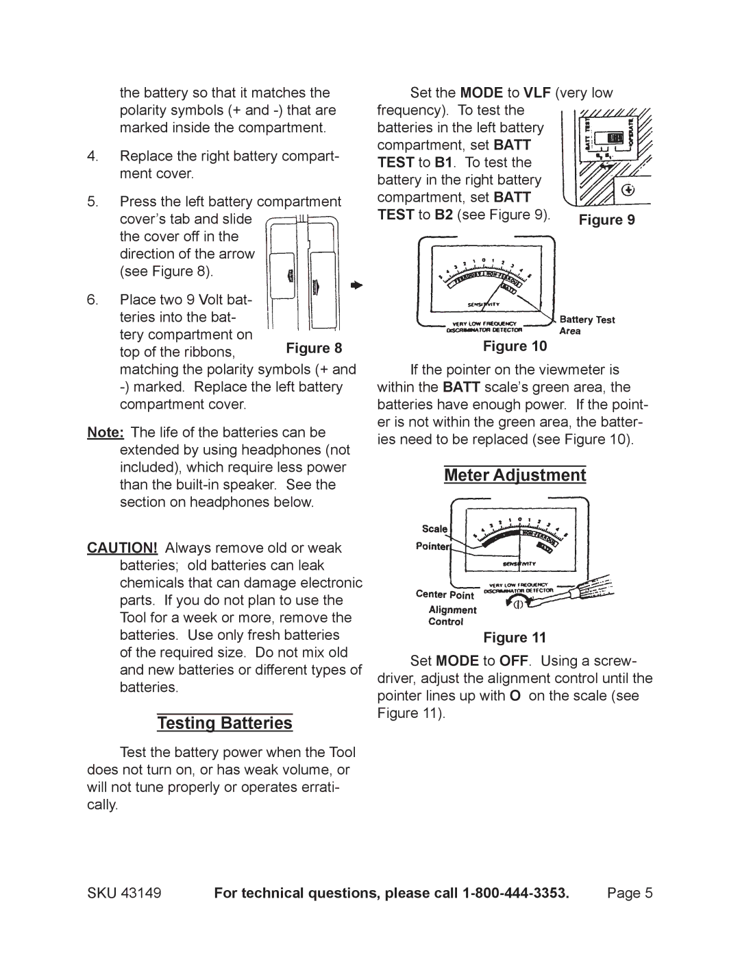 Harbor Freight Tools 43149 operating instructions Testing Batteries, Meter Adjustment 