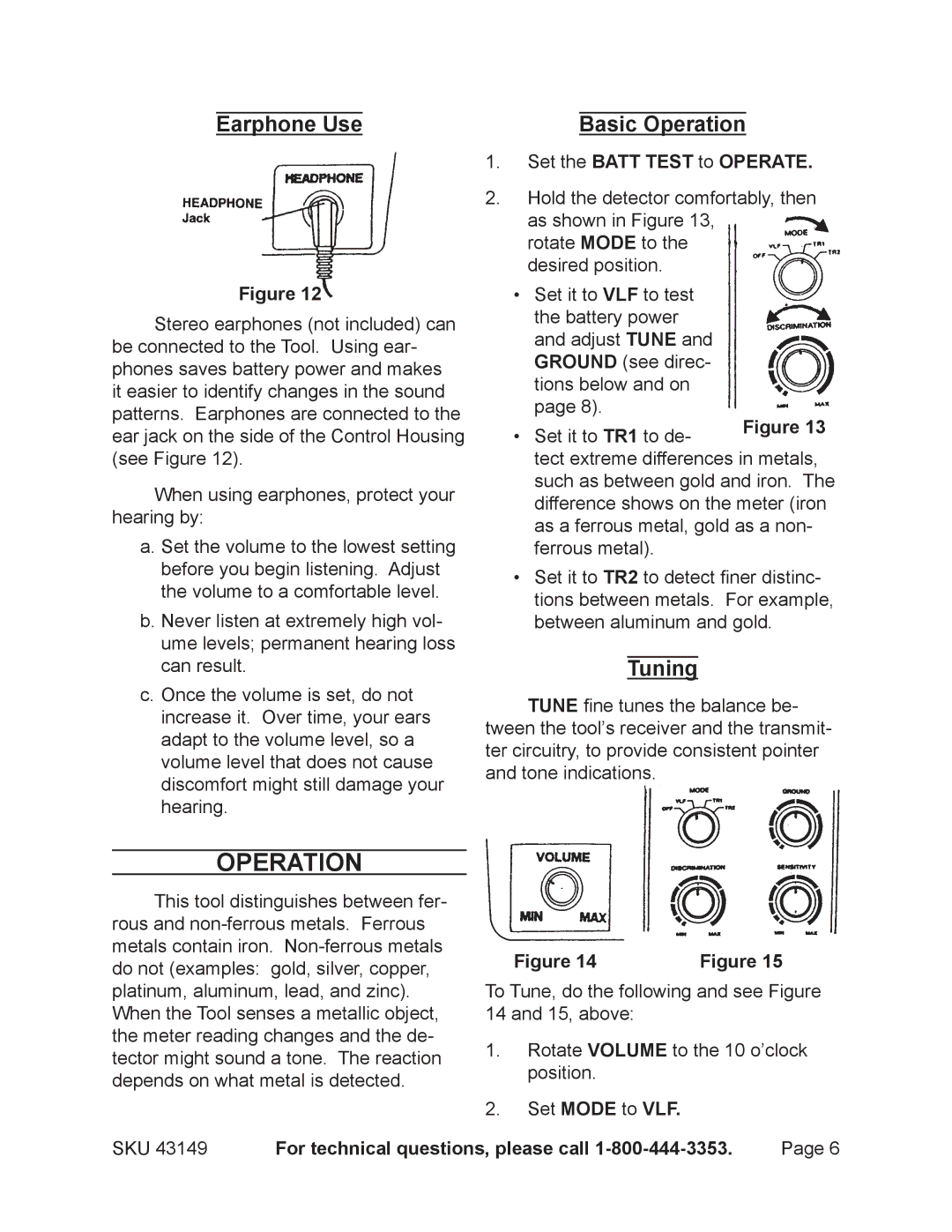 Harbor Freight Tools 43149 Operation, Earphone Use, Tuning, Set the Batt Test to Operate, Set Mode to VLF 