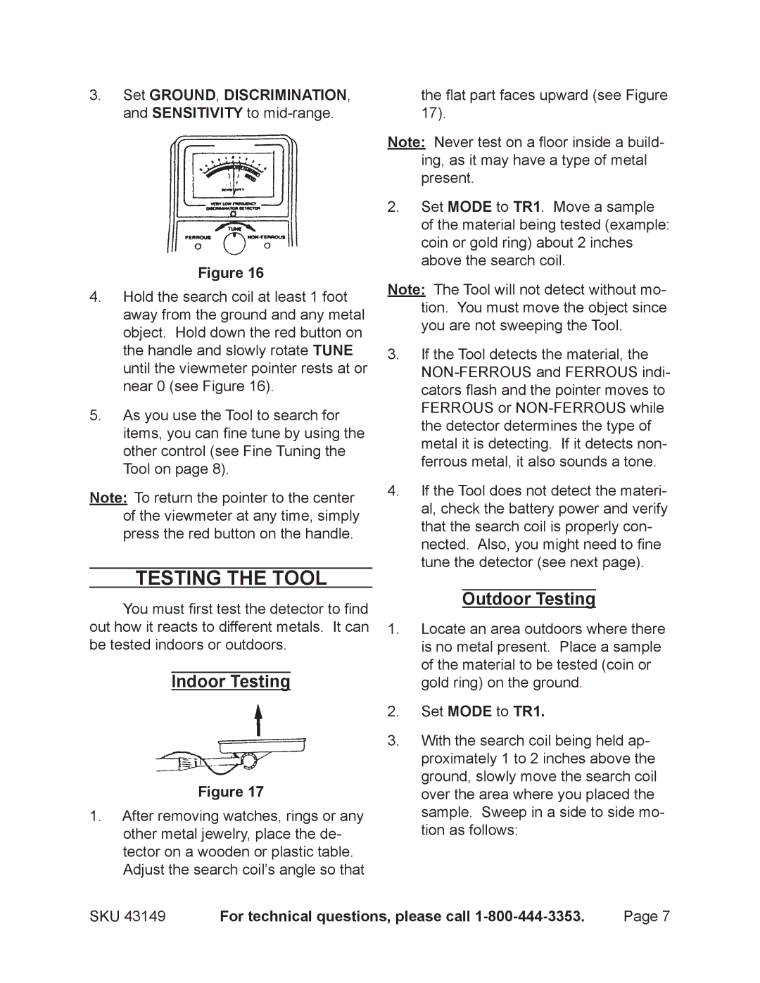 Harbor Freight Tools 43149 operating instructions Testing the Tool, Indoor Testing, Outdoor Testing, Set Mode to TR1 