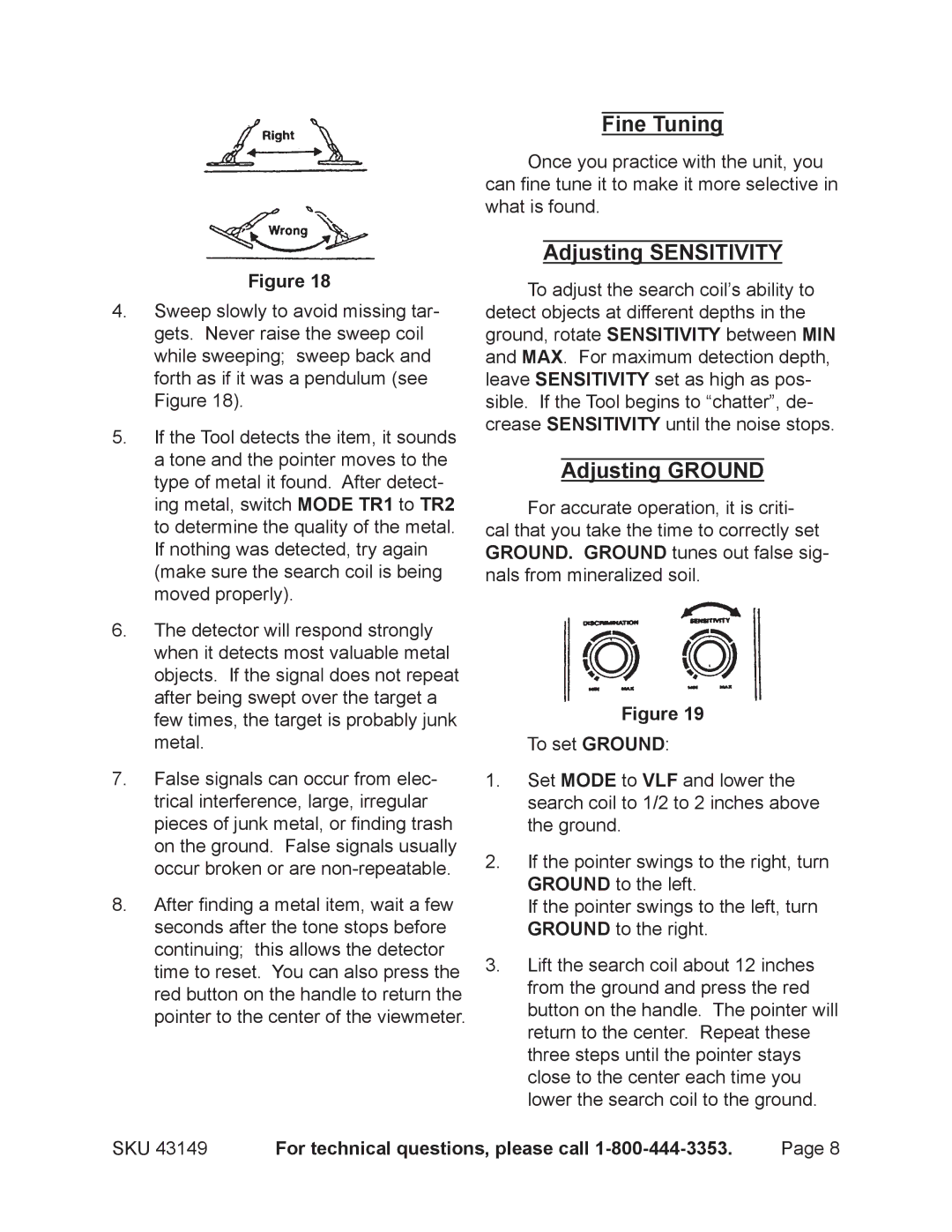 Harbor Freight Tools 43149 operating instructions Fine Tuning, Adjusting Sensitivity, Adjusting Ground 