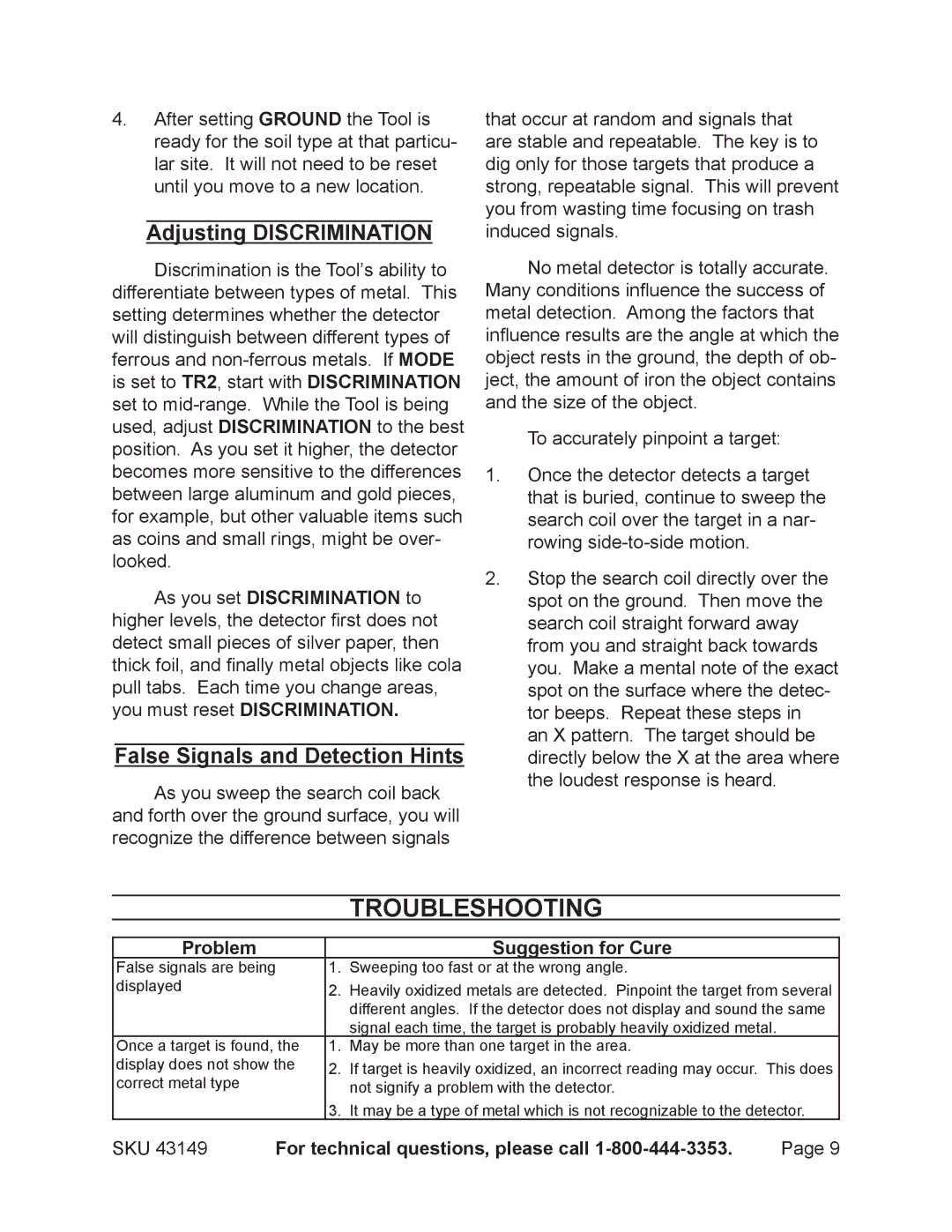 Harbor Freight Tools 43149 Troubleshooting, Adjusting Discrimination, False Signals and Detection Hints 