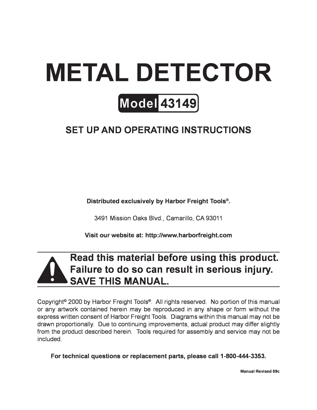 Harbor Freight Tools 43149 operating instructions Distributed exclusively by Harbor Freight Tools, Metal Detector 