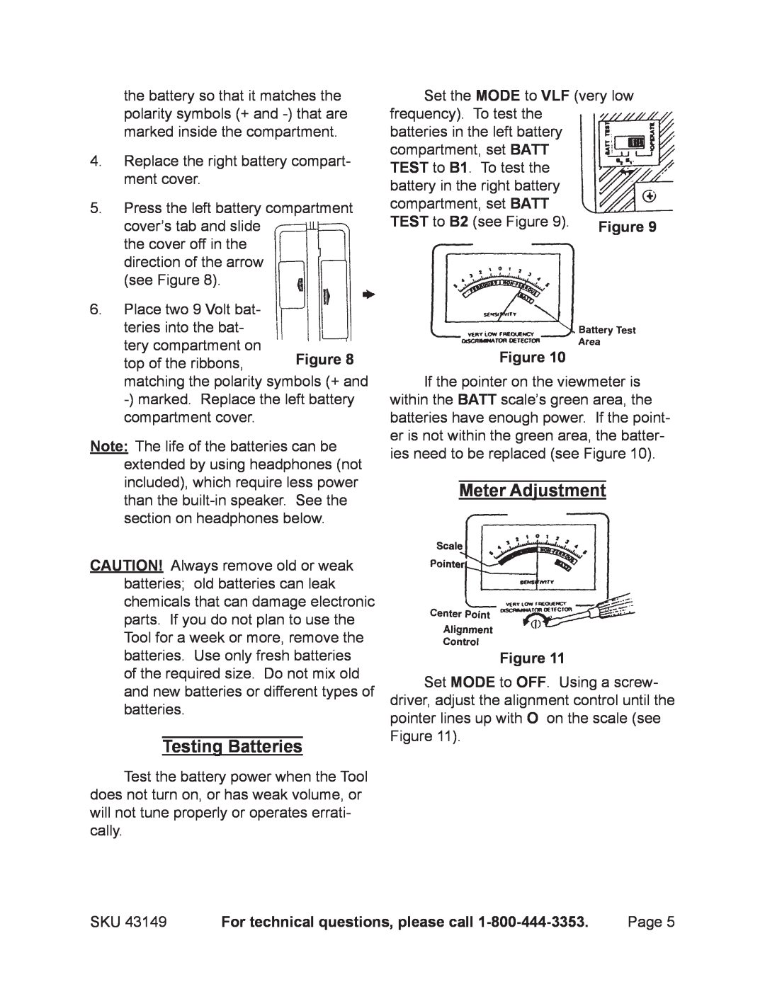 Harbor Freight Tools 43149 operating instructions Testing Batteries, Meter Adjustment, For technical questions, please call 