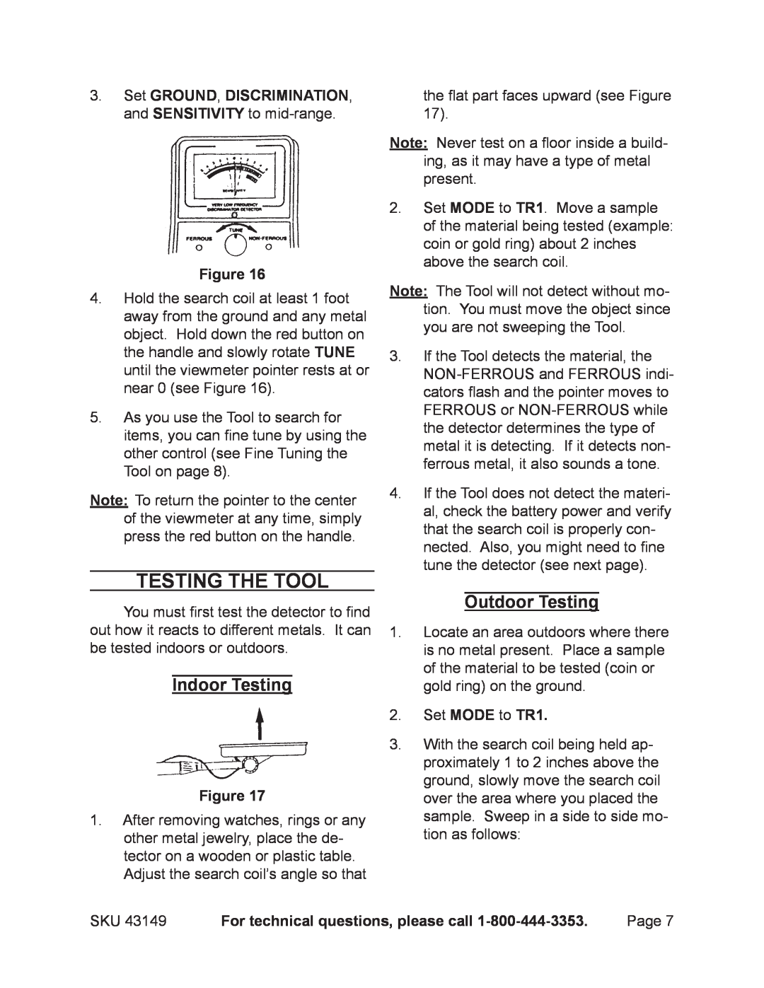 Harbor Freight Tools 43149 operating instructions Testing the Tool, Indoor Testing, Outdoor Testing, Set MODE to TR1 