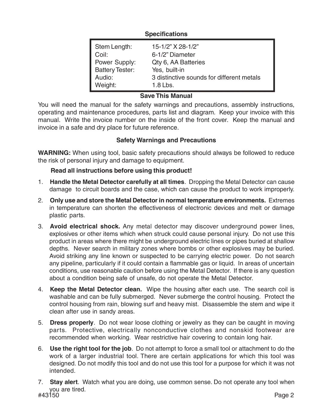 Harbor Freight Tools 43150 operating instructions Specifications, Save This Manual 