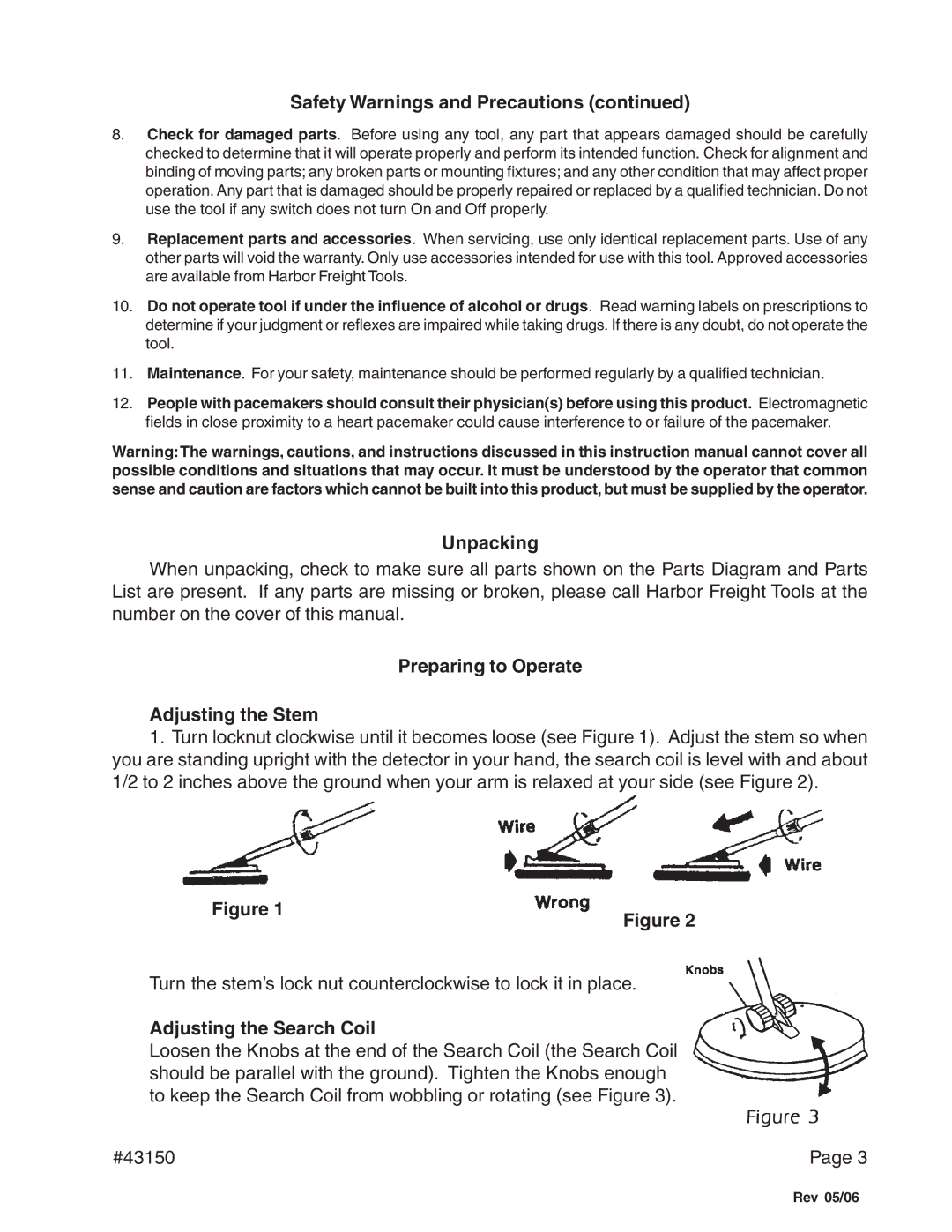 Harbor Freight Tools 43150 Safety Warnings and Precautions, Unpacking, Preparing to Operate Adjusting the Stem 