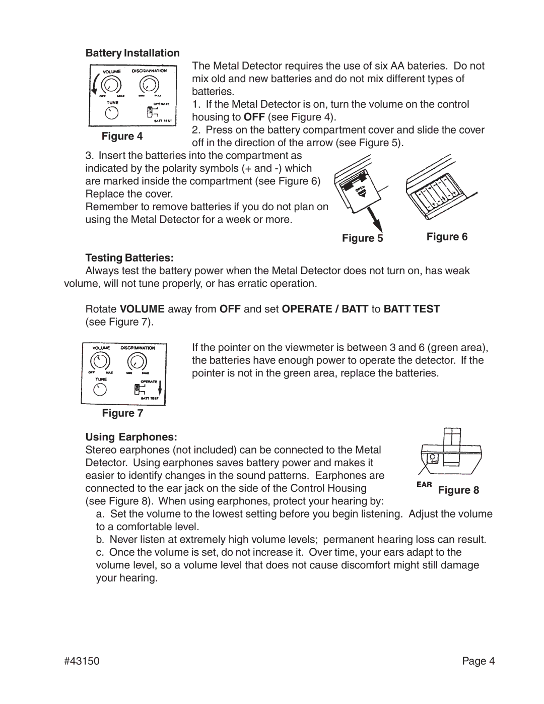 Harbor Freight Tools 43150 operating instructions Testing Batteries, Using Earphones 