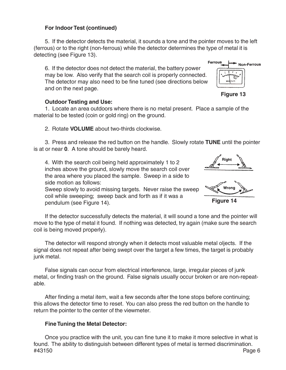 Harbor Freight Tools 43150 operating instructions Outdoor Testing and Use, Fine Tuning the Metal Detector 